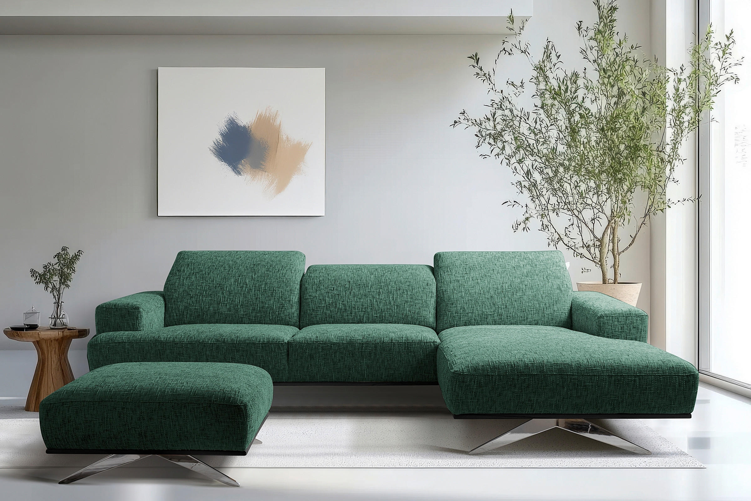 ECKSOFA PORTLAND in Struktur Grün Kopfteilverstellung  295/187 cm  - Chromfarben/Grün, Design, Holz/Textil (295/187cm) - Livetastic