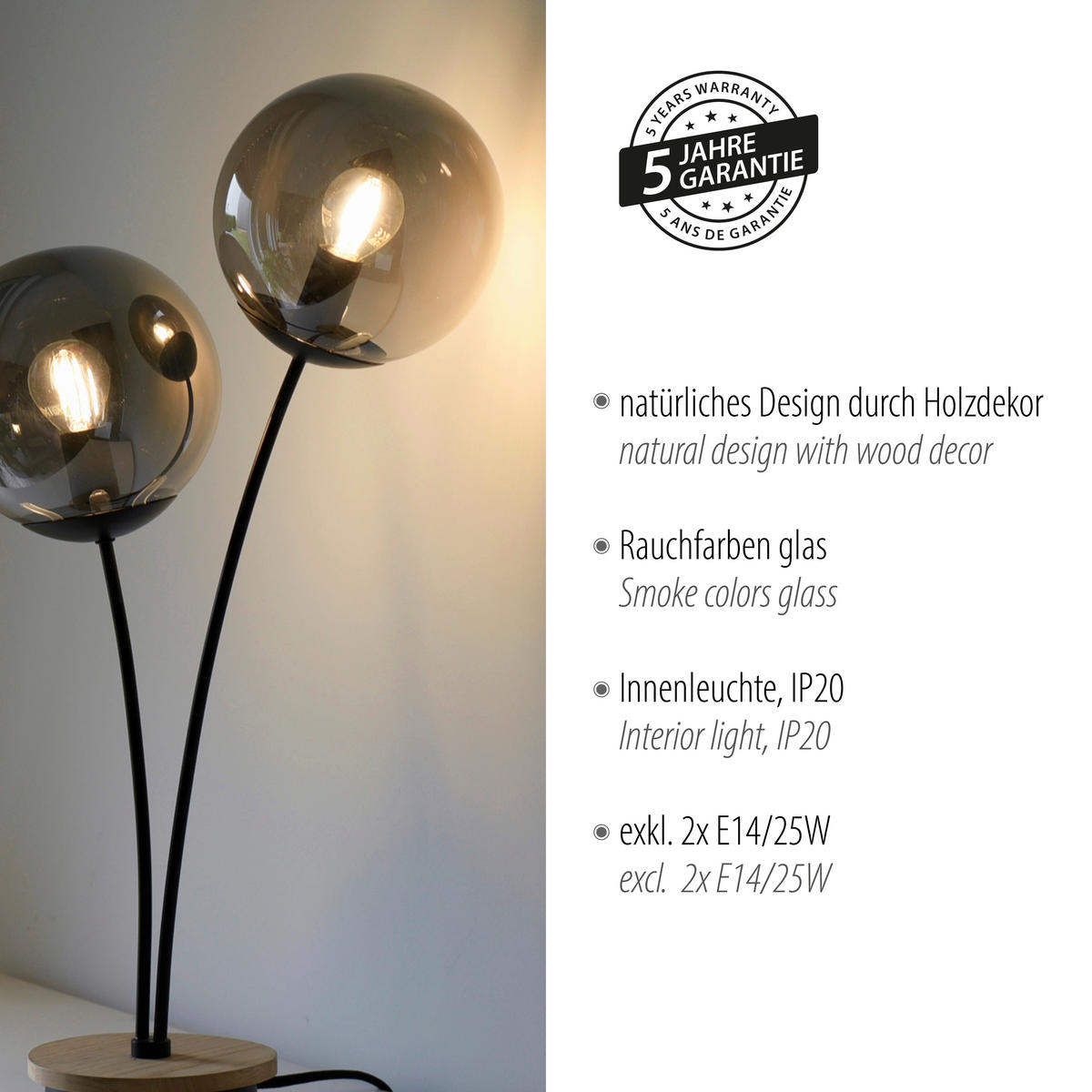 TISCHLEUCHTE 33,5/16/60 cm   - Schwarz, Natur, Glas/Holz (33,5/16/60cm)