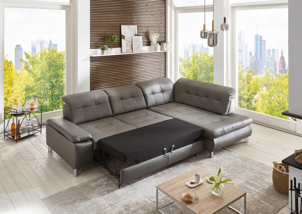 ECKSOFA in Echtleder Grau  - Alufarben/Grau, Design, Leder/Metall (309/211cm) - Beldomo Speed