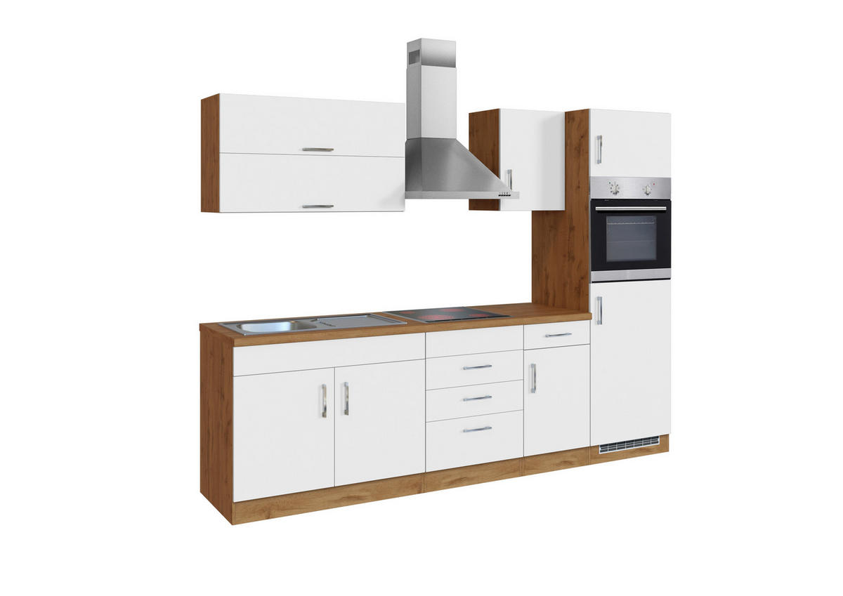 KÜCHENBLOCK 270 cm   in Weiss, Eiche Wotan  - Chromfarben/Weiss, Modern, Holzwerkstoff/Metall (270cm) - Held