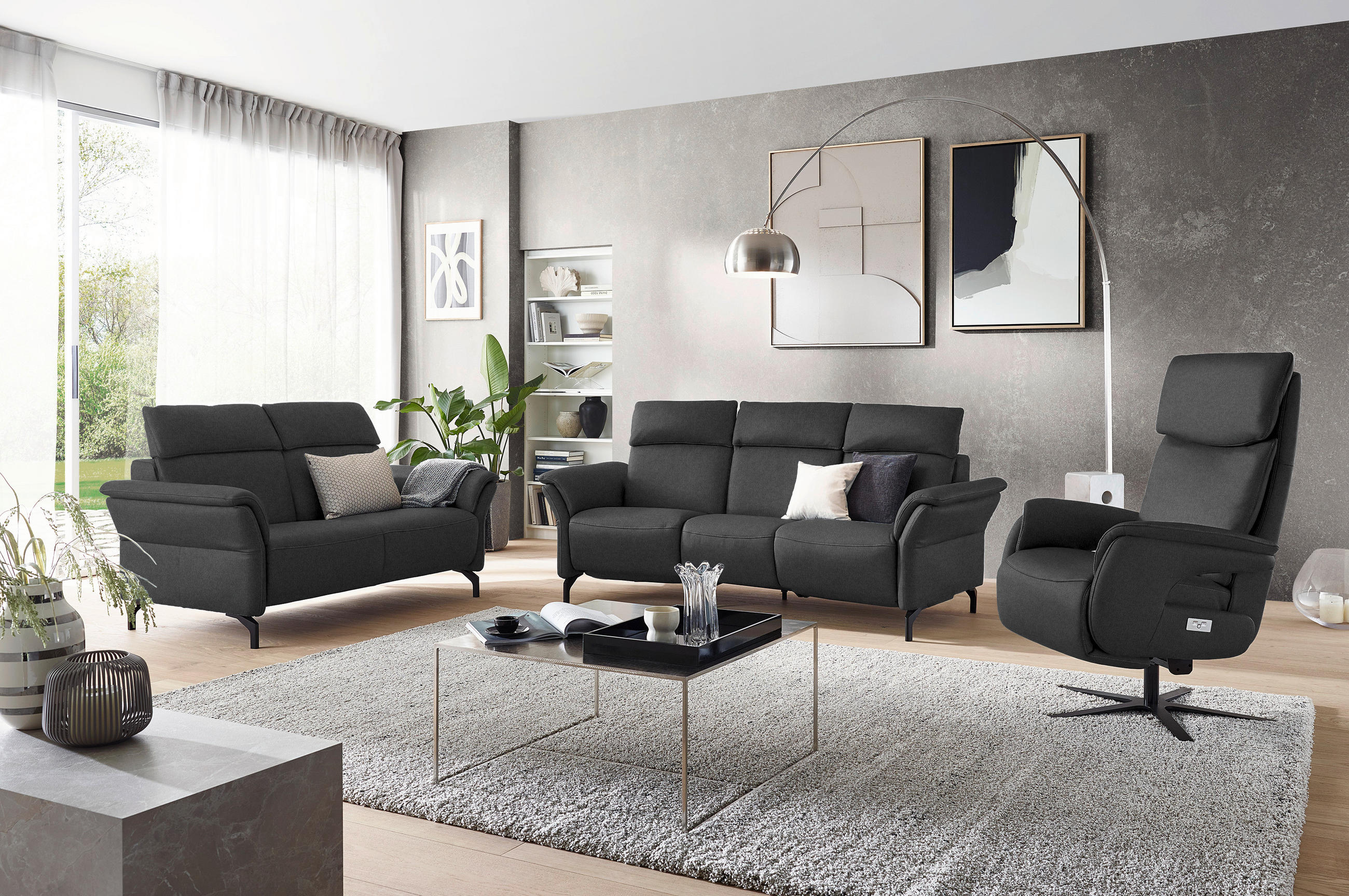 TRAPEZSOFA in Mikrofaser Dunkelgrau  - Dunkelgrau/Schwarz, Konventionell, Textil/Metall (221/103/95cm) - Dieter Knoll