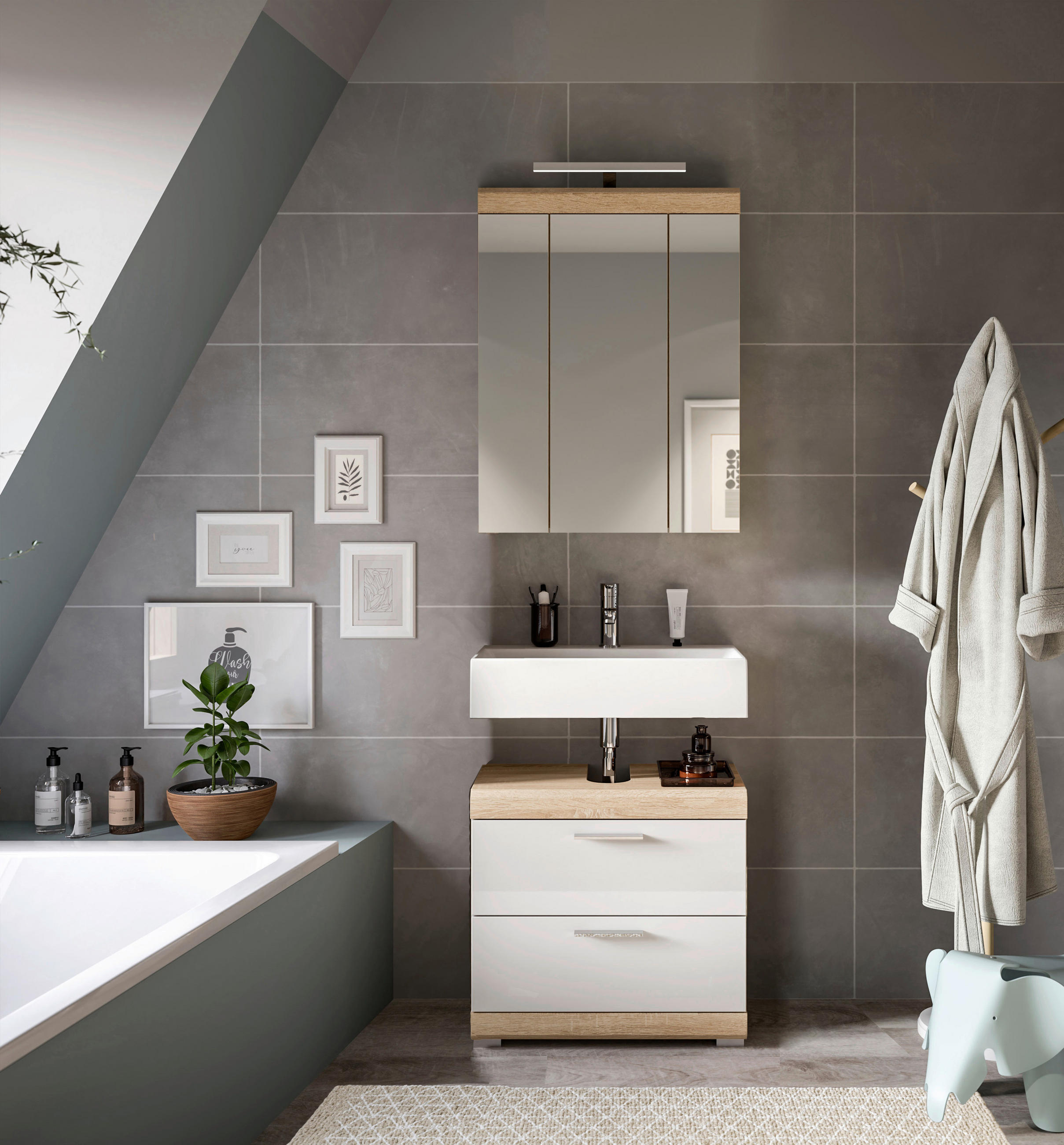 BADEZIMMER 2-teilig in 60 cm - Weiss Hochglanz/Silberfarben, Modern, Glas/Holzwerkstoff (60cm) - MID.YOU