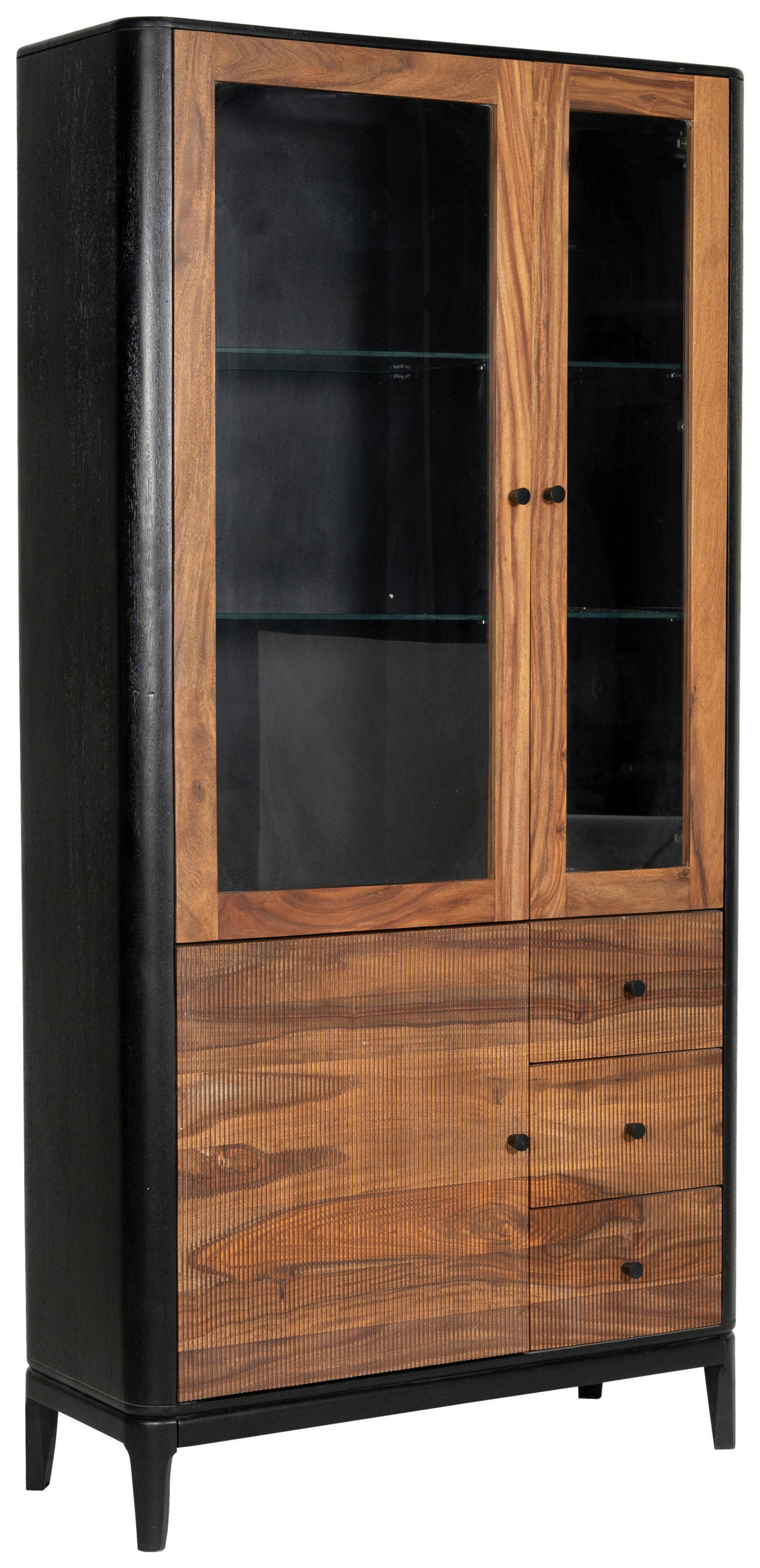VITRINE  in massiv Mangoholz, Sheesham Braun, Naturfarben, Schwarz - Schwarz/Braun, Design, Glas/Holz (100/200/40cm) - Ambia Home