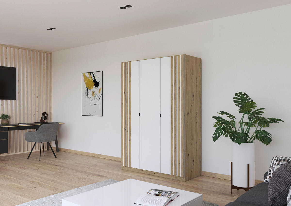 DREHTÜRENSCHRANK 136/197/54 cm,  in Weiß, Eiche Artisan,  - Weiß/Eiche Artisan, MODERN, Holzwerkstoff/Metall (136/197/54cm) - Rauch Möbel