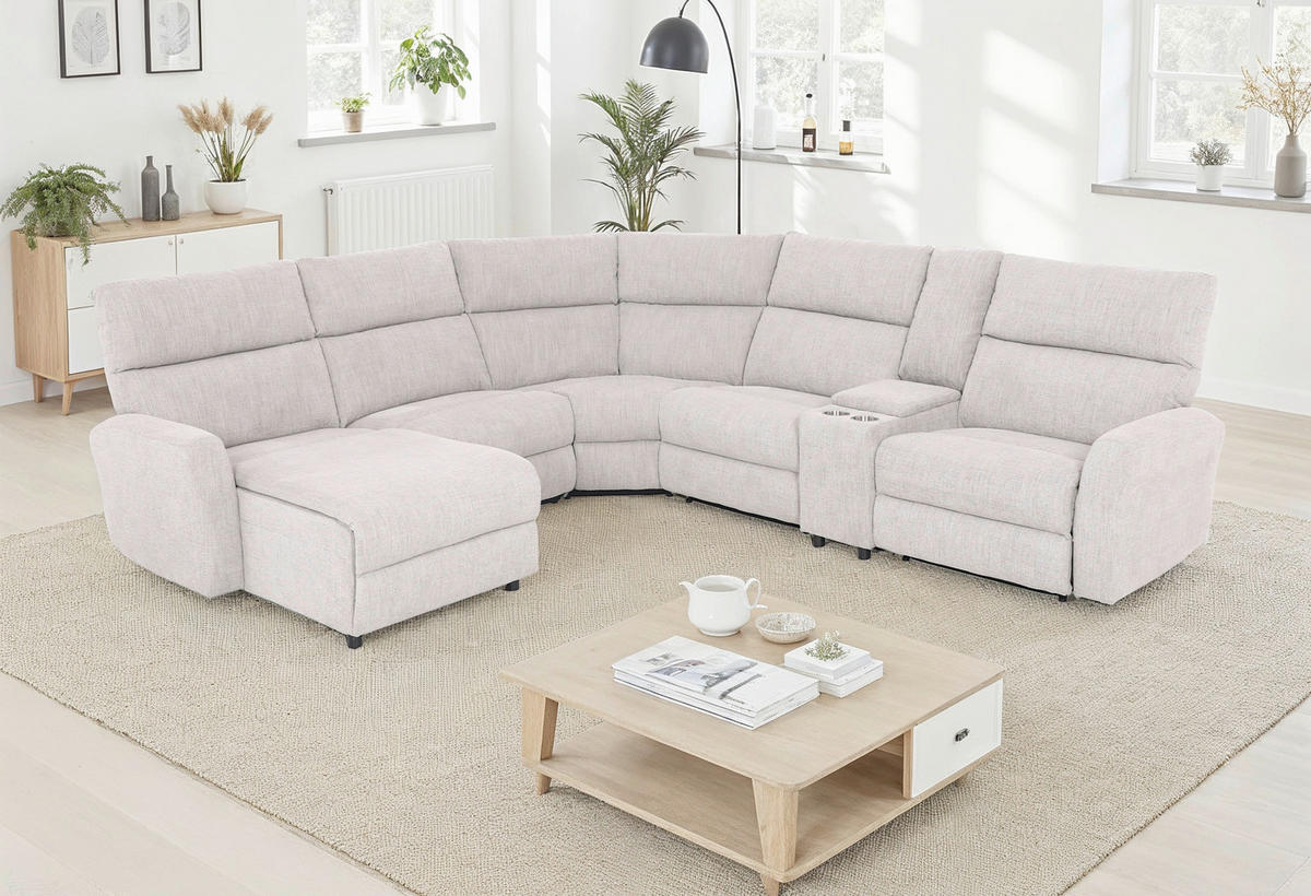 WOHNLANDSCHAFT Hellgrau Webstoff  - Hellgrau/Schwarz, KONVENTIONELL, Kunststoff/Textil (302/107/325cm) - MID.YOU