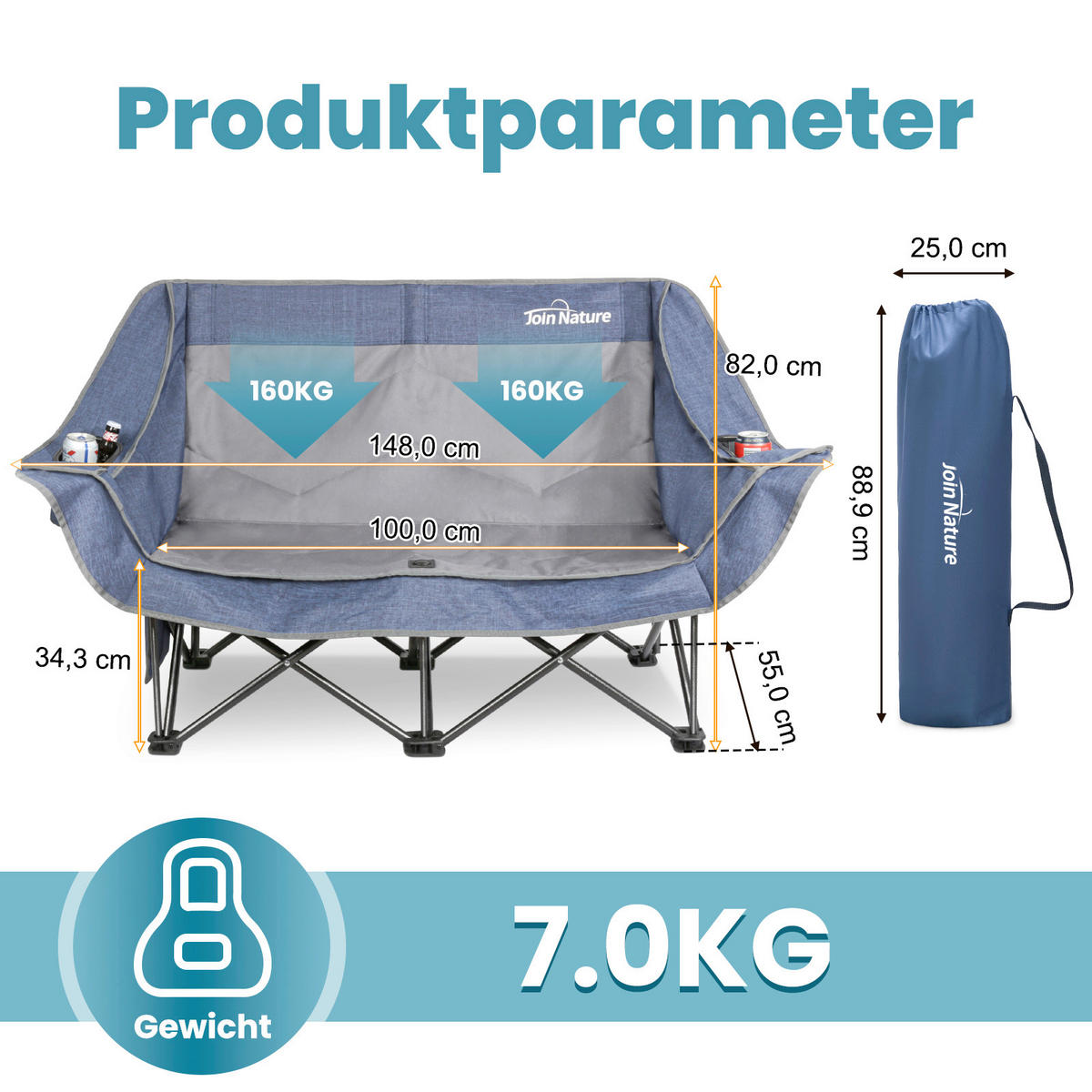 CAMPINGSESSEL - Blaugrau, Basics, Textil/Metall (148/55/82cm) - Modante
