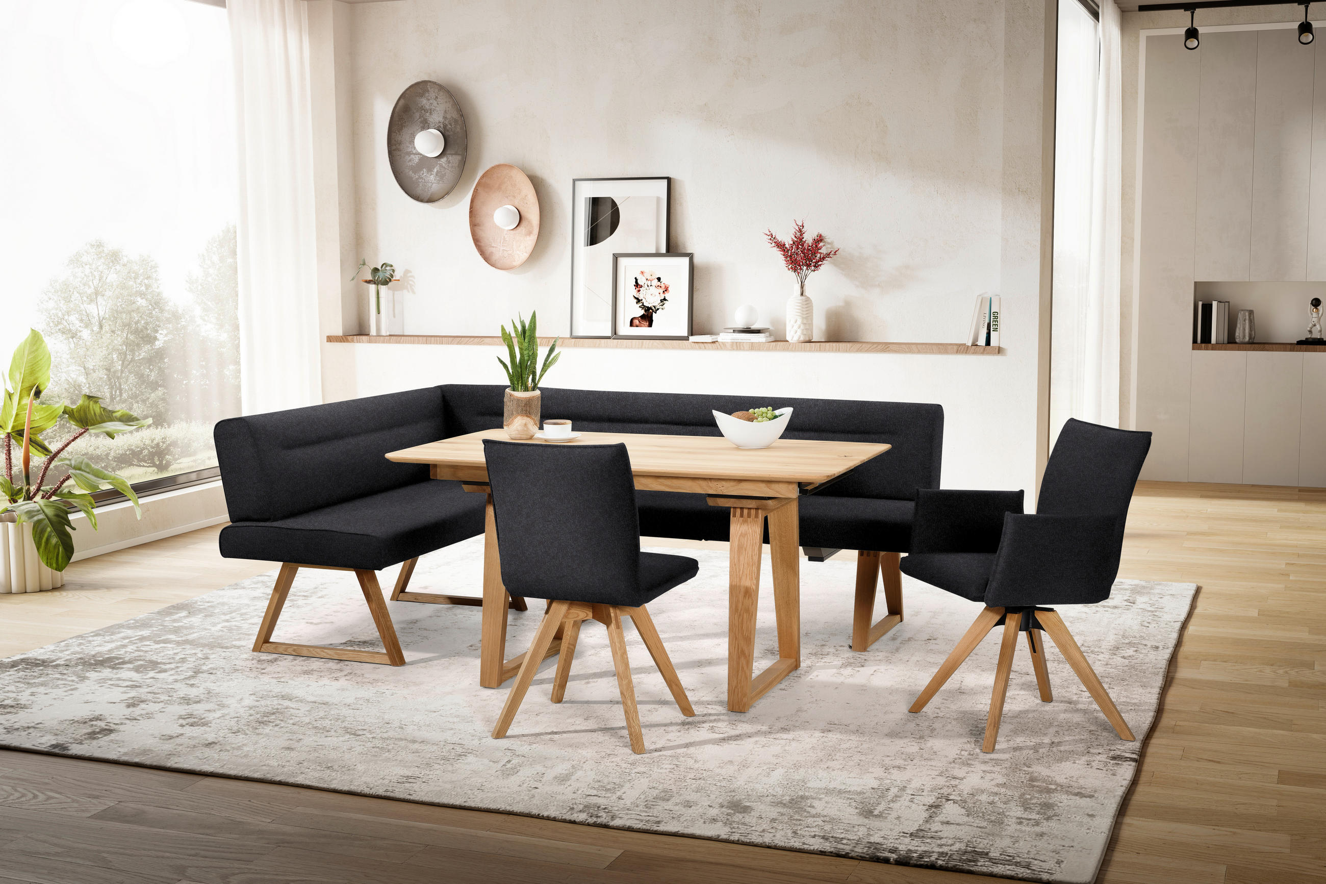 ECKBANK 170/230 cm Mikrofaser, Lederlook (vegan) Schwarz, Eichefarben Wildeiche massiv - Eichefarben/Schwarz, KONVENTIONELL, Holz/Textil (170/230cm) - Moderano