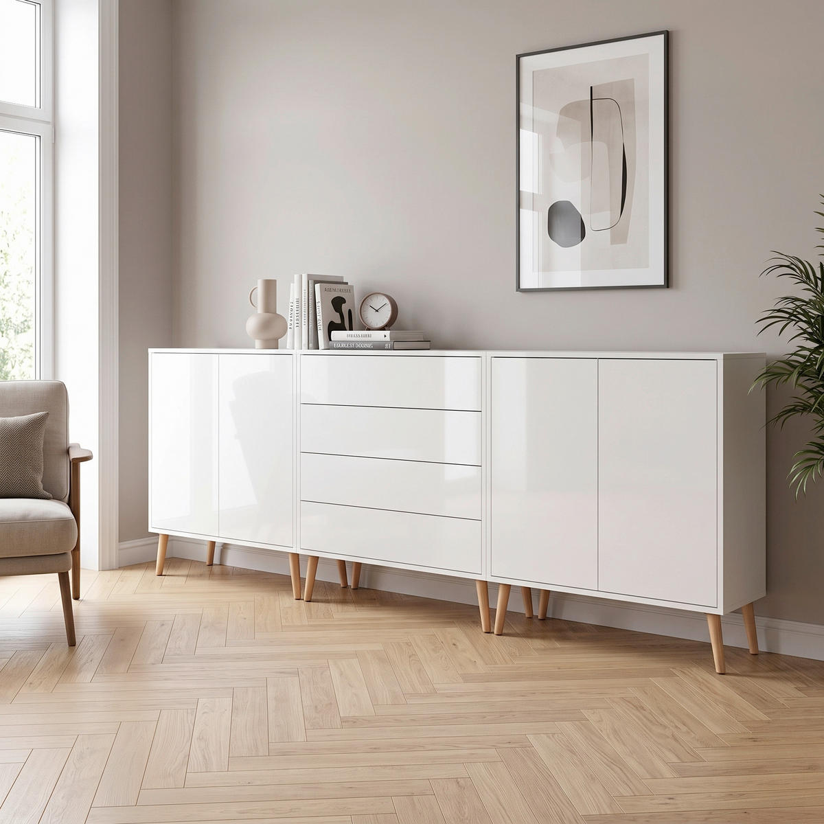 SIDEBOARD Mailand Set 5 + HF 237/86/33 cm 4 Schublade(n)  - Weiß Hochglanz/Weiß, MODERN, Holz/Holzwerkstoff (237/86/33cm) - MID.YOU