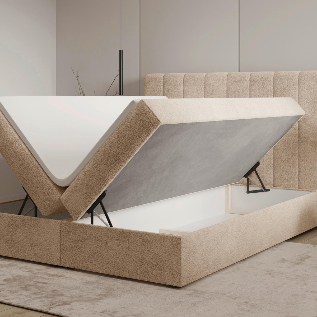 BOXBETT 140/200 cm,  in Beige, Bettkasten, Topper,  - Beige/Schwarz, MODERN, Holz/Kunststoff (140/200cm) - MID.YOU