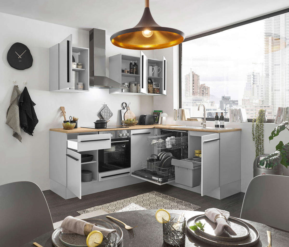 ECKKÜCHE 220/175 cm  in Weiß  - Eichefarben/Schwarz, Design, Holzwerkstoff/Kunststoff (220/175cm) - MID.YOU