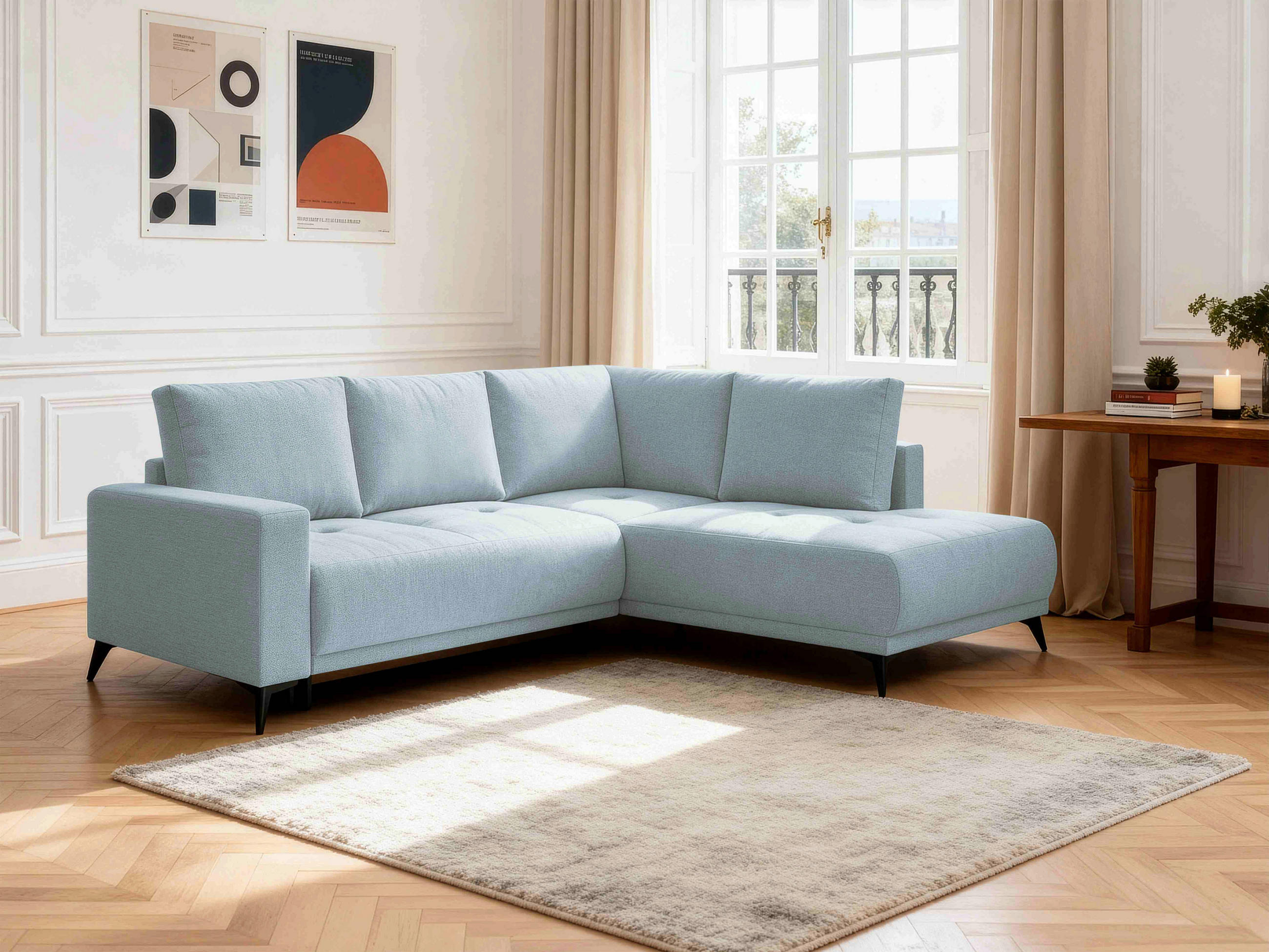 ECKSOFA RAFAEL Hellblau Struktur Rückenkissen, Bettkasten  - Schwarz/Hellblau, Design, Textil/Metall (269/218cm) - P & B