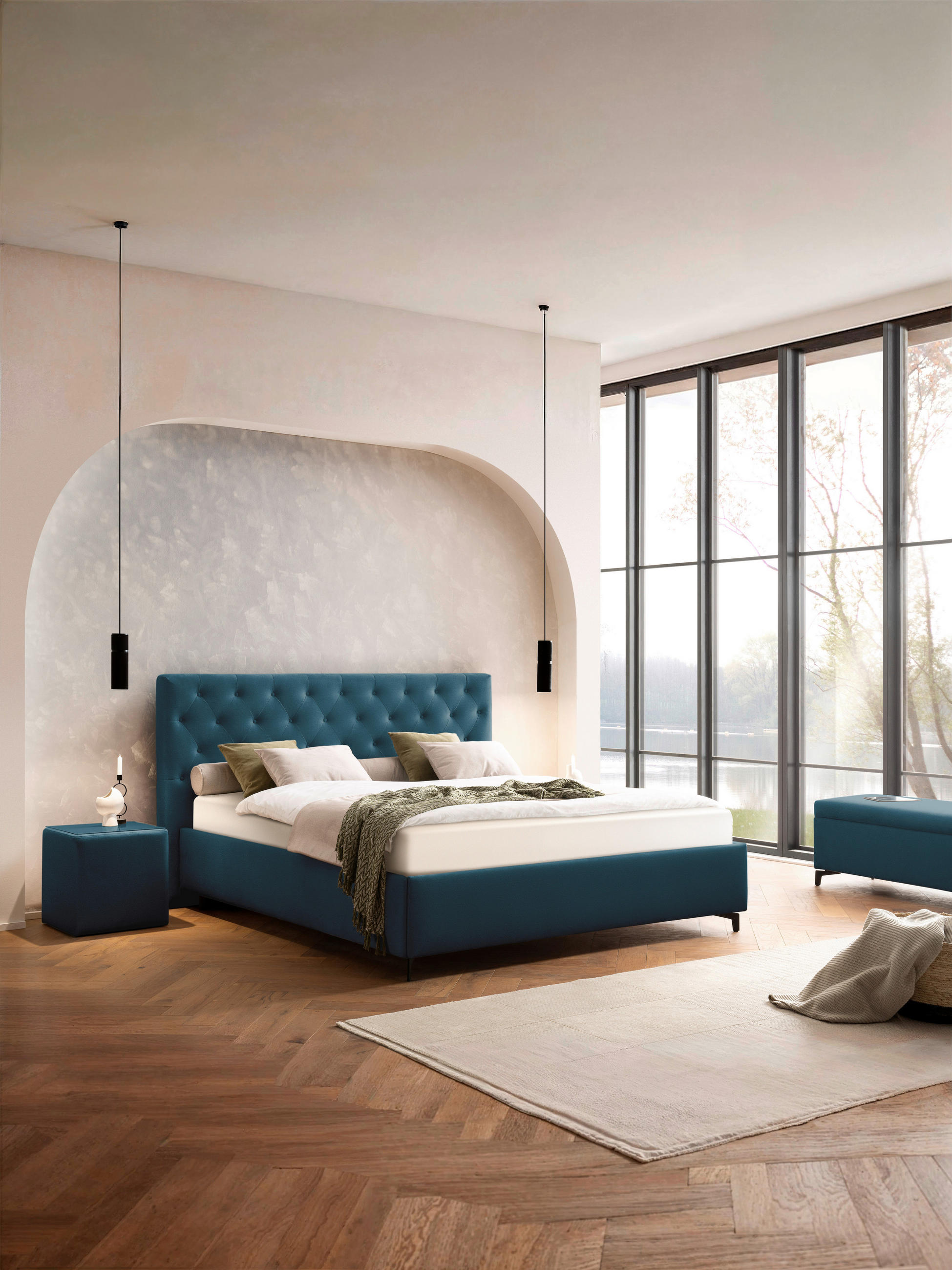 POLSTERBETT 200/200 cm  in Blau  - Blau/Birkefarben, Konventionell, Holz/Textil (200/200cm) - Novel