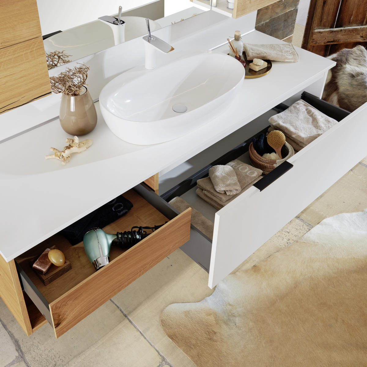 BADEZIMMER  in 180 cm  - Eichefarben/Weiß, KONVENTIONELL, Glas/Keramik (180cm) - Moderano