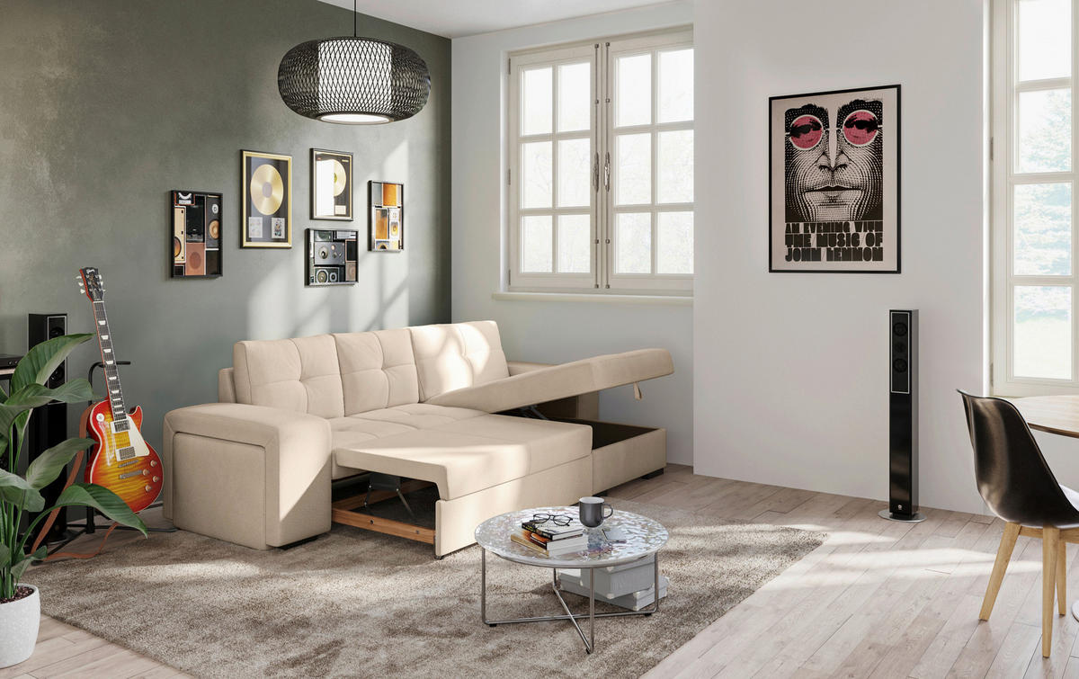 ECKSCHLAFSOFA in Mikrofaser Naturfarben  - Schwarz/Naturfarben, Modern, Kunststoff/Textil (268/156cm) - MID.YOU