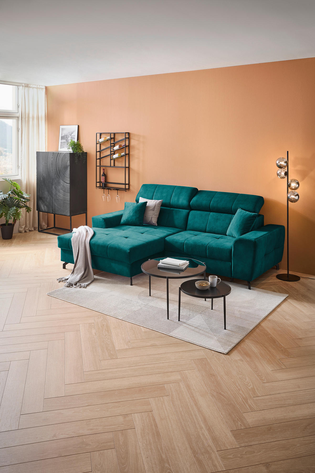 ECKSOFA Petrol Velours  - Petrol/Schwarz, Design, Textil/Metall (181/267cm) - Carryhome