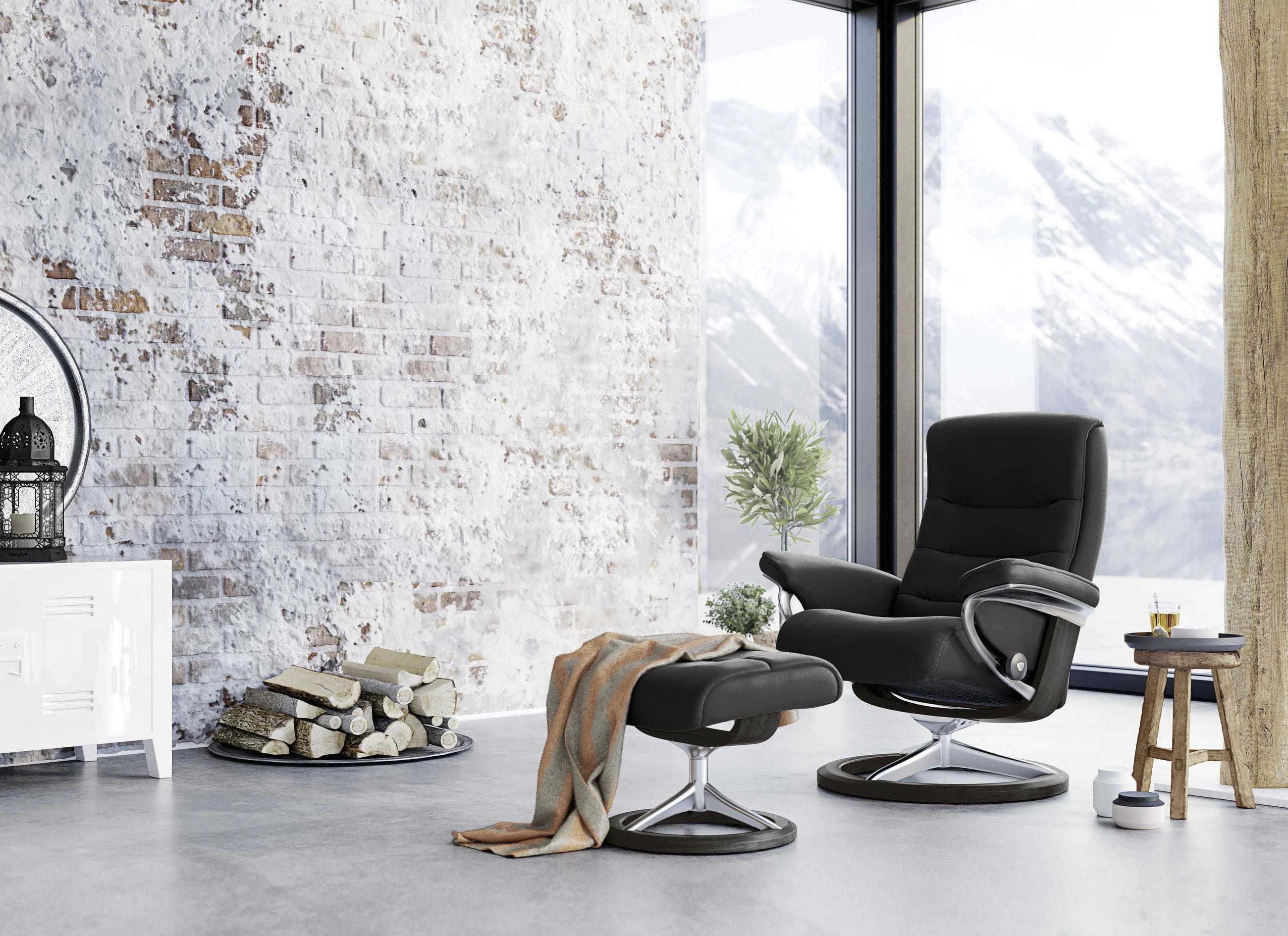 RELAXSESSELSET NORDIC Echtleder Relaxfunktion, Hocker - Schwarz/Alufarben, Natur, Leder/Holz (84/102/76cm) - Stressless