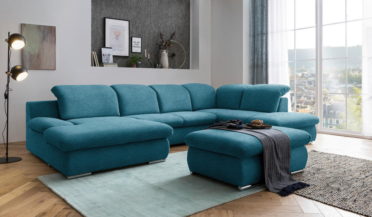 WOHNLANDSCHAFT in Chenille Blau  - Chromfarben/Blau, Design, Textil/Metall (165/353/212cm) - Livetastic