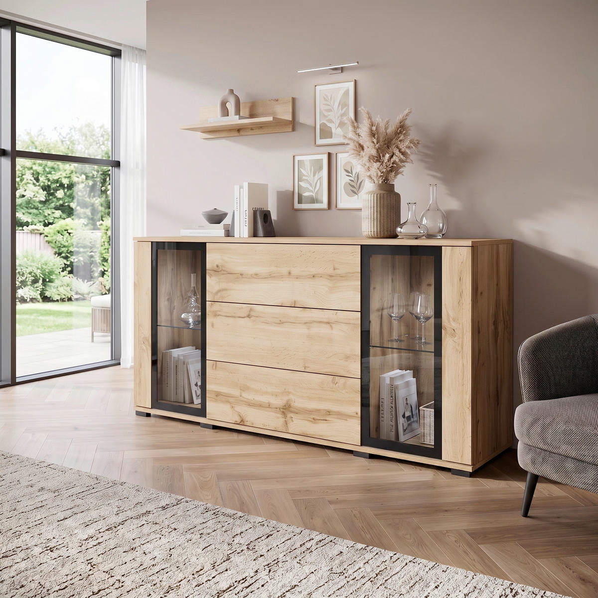 SIDEBOARD Caro 150/69,7/39,5 cm 3 Schublade(n)  - Eiche Wotan/Schwarz, Design, Glas/Holzwerkstoff (150/69,7/39,5cm) - P & B