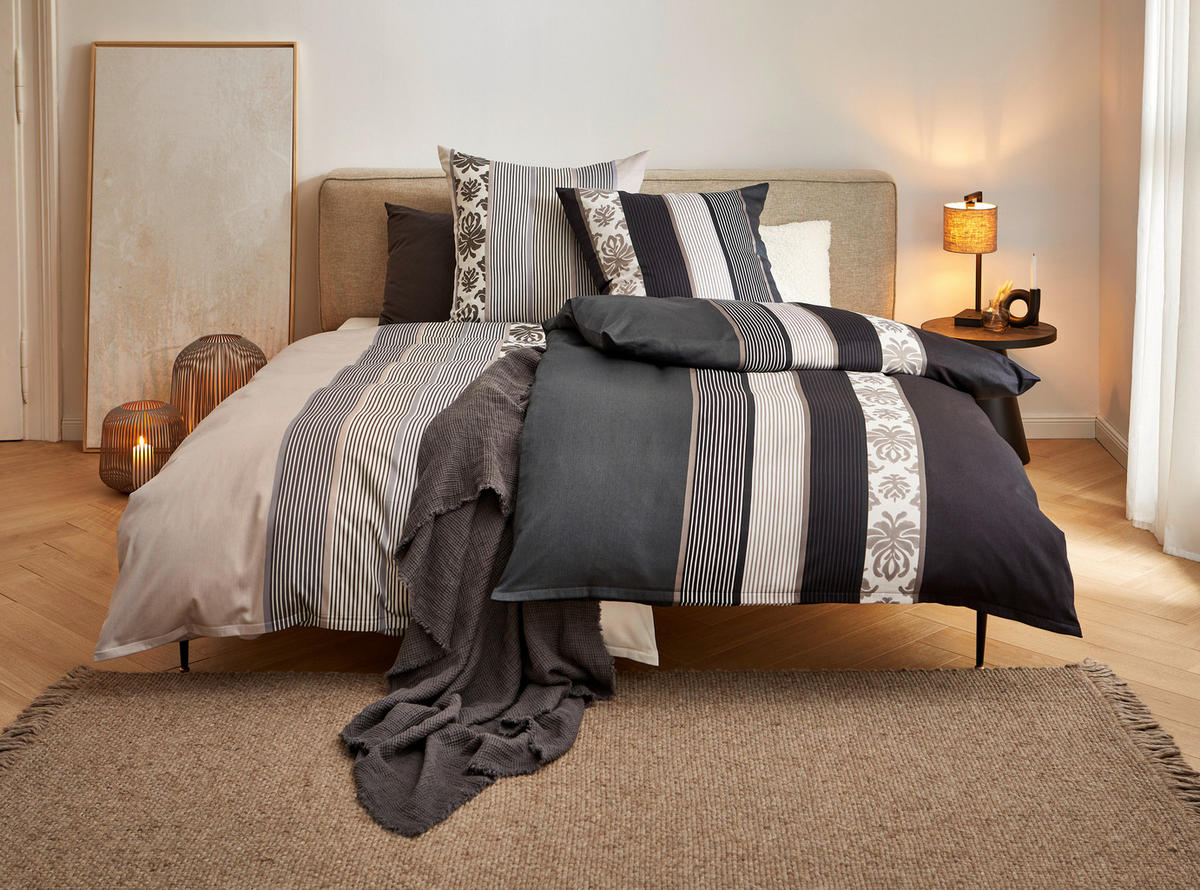 BETTWÄSCHESET Makosatin 160/210 cm  100 cm/65 cm  - Weiss/Schwarz, Lifestyle, Naturmaterialien/Textil (160/210cm) - Joop!