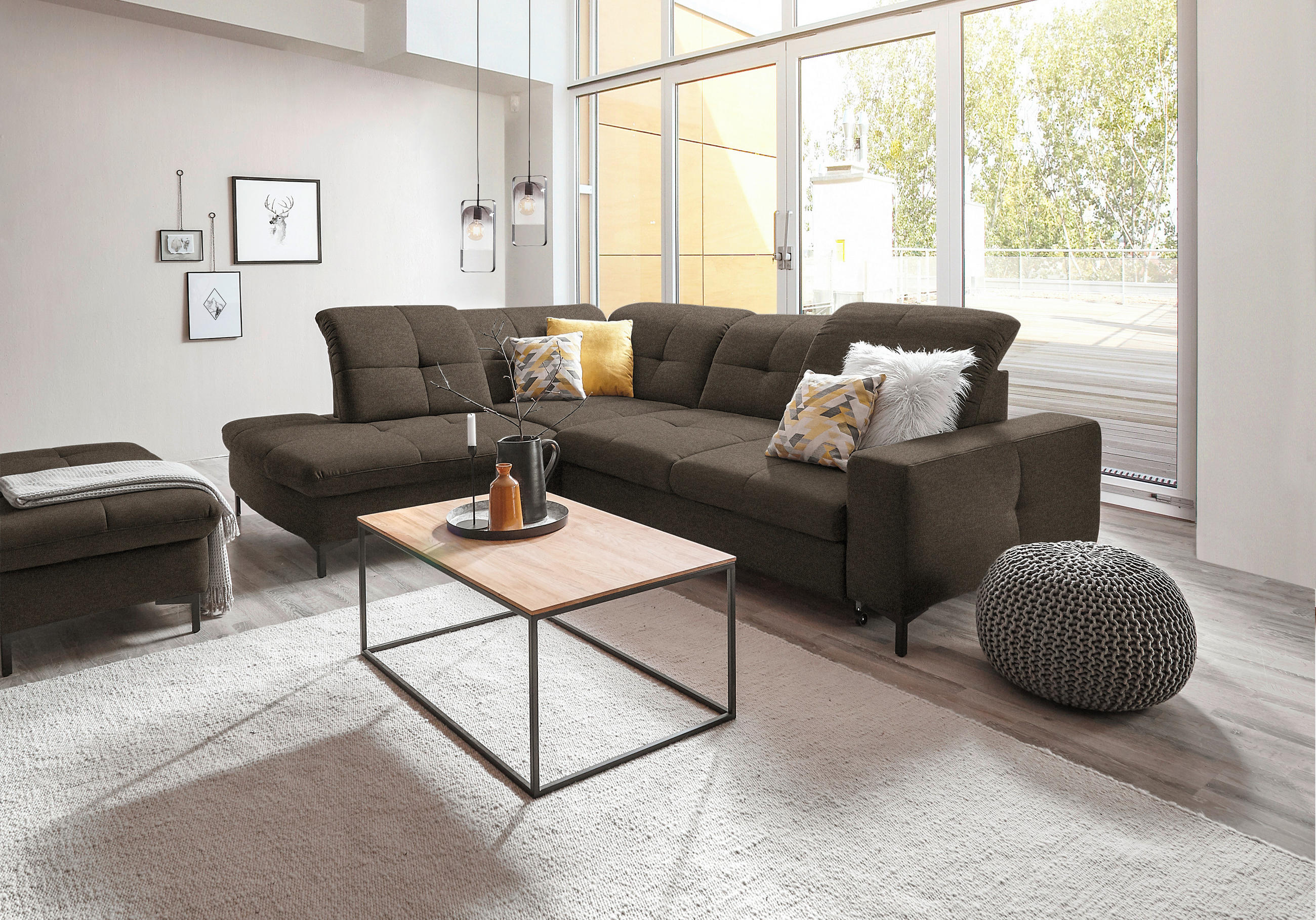 ECKSOFA in Chenille Dunkelbraun  - Dunkelbraun/Schwarz, Design, Textil/Metall (240/308cm) - Xora