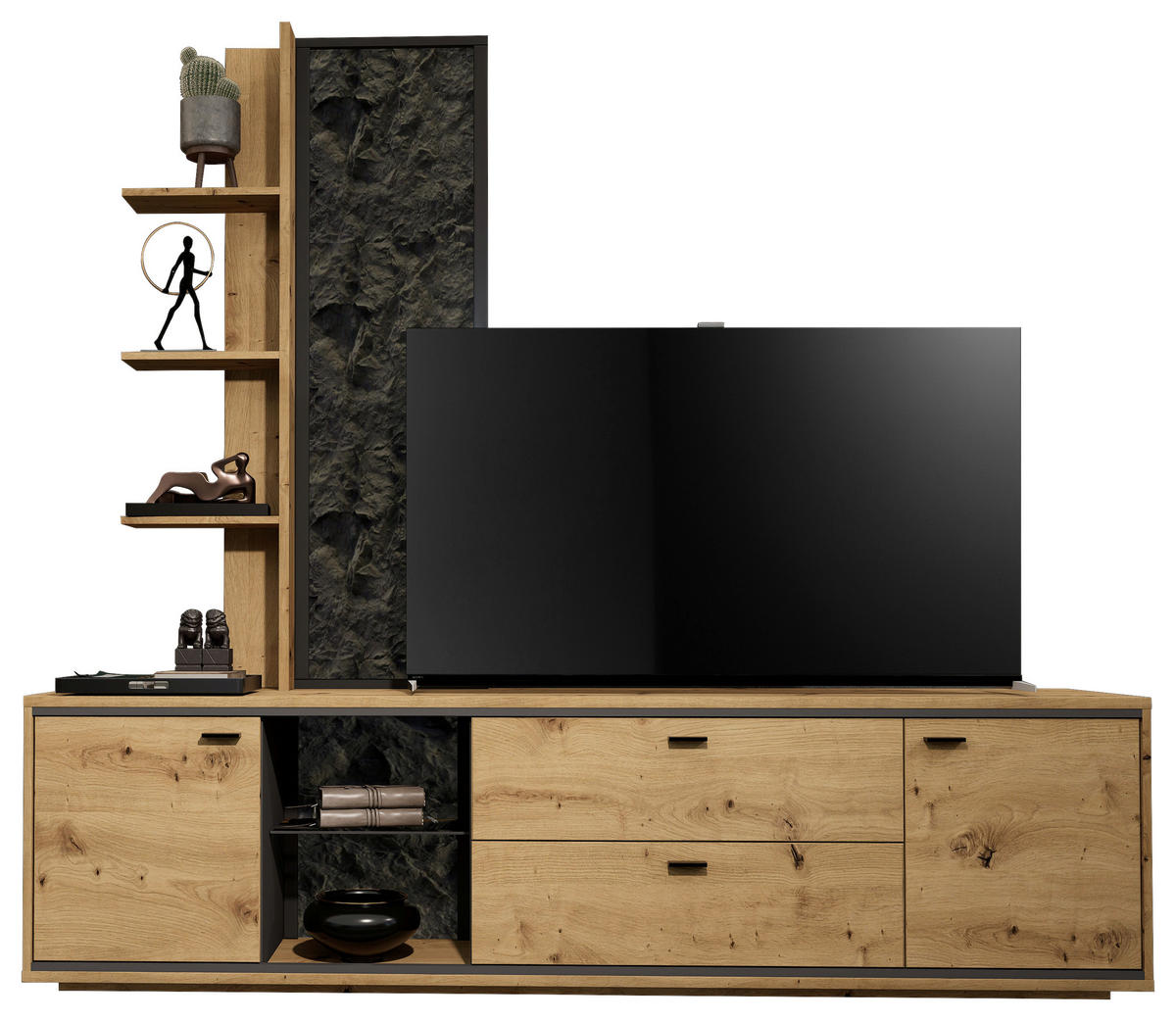 WOHNWAND  in Graphitfarben, Eiche Artisan  220/205/49 cm  - Schwarz/Graphitfarben, Design, Glas/Holzwerkstoff (220/205/49cm) - Cantus