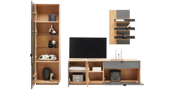 WOHNWAND  in Grau, Eichefarben  250/200/42 cm  - Eichefarben/Schwarz, Natur, Glas/Holz (250/200/42cm) - Linea Natura