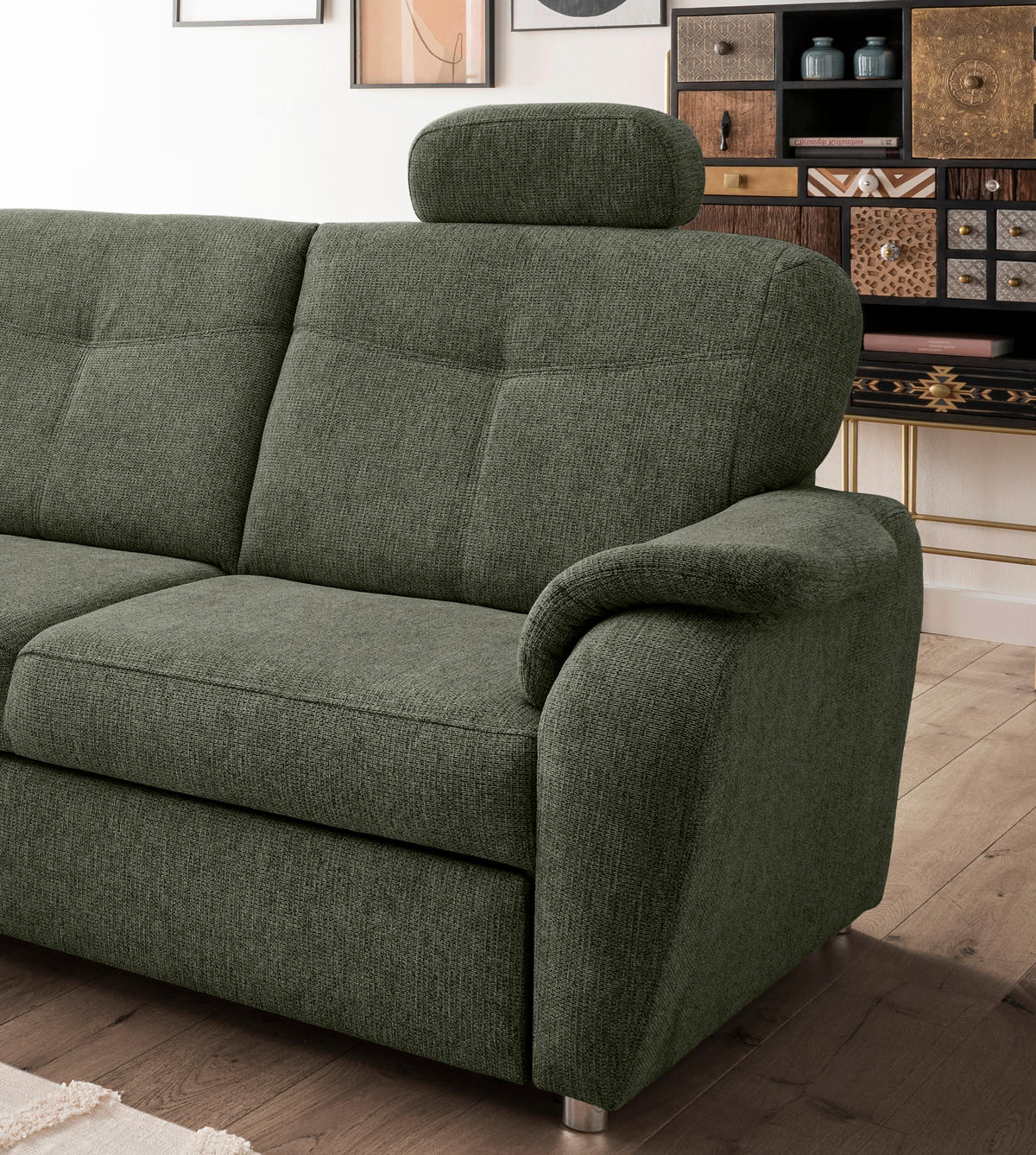 ECKSCHLAFSOFA in Chenille Dunkelgrün  - Chromfarben/Dunkelgrün, Modern, Kunststoff/Textil (180/264cm) - Livetastic