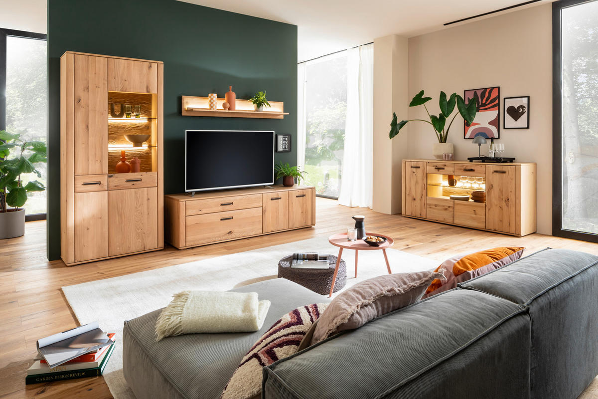 WOHNWAND  in Eichefarben 302/208/50 cm  - Eichefarben/Anthrazit, Konventionell, Glas/Holz (302/208/50cm) - Cantus