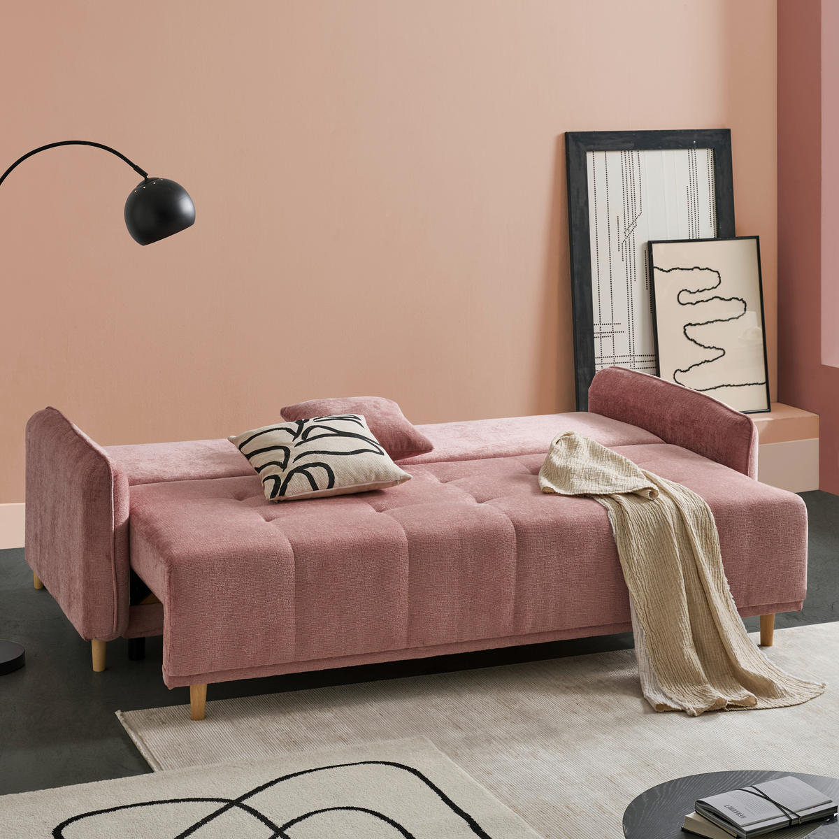 SCHLAFSOFA  in Chenille Altrosa  - Buchefarben/Altrosa, Design, Holz/Textil (217/97/101cm) - Carryhome