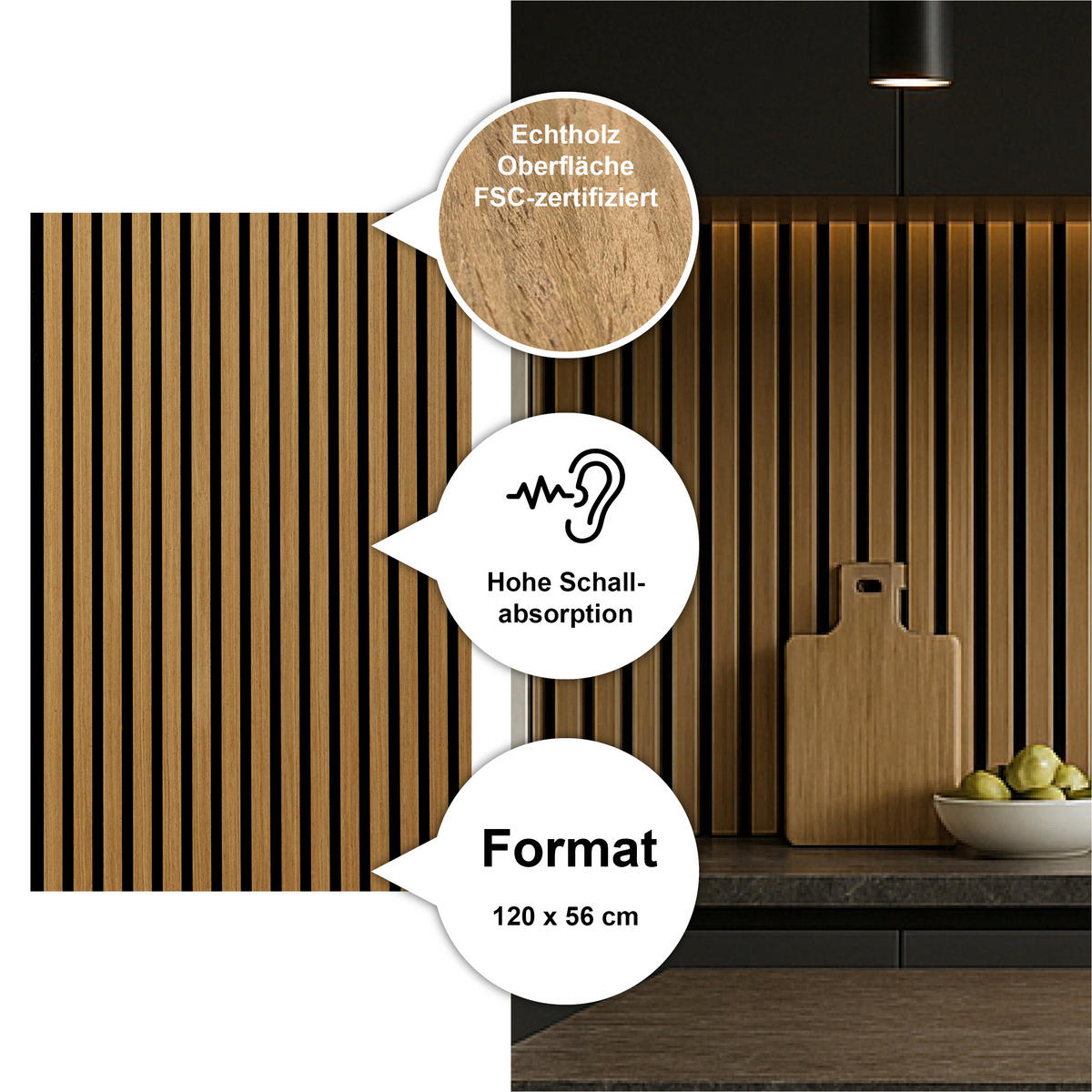 AKUSTIKPANEEL Echtholz  - Eichefarben, Basics, Holzwerkstoff/Kunststoff (120/56/1,6cm) - Novel