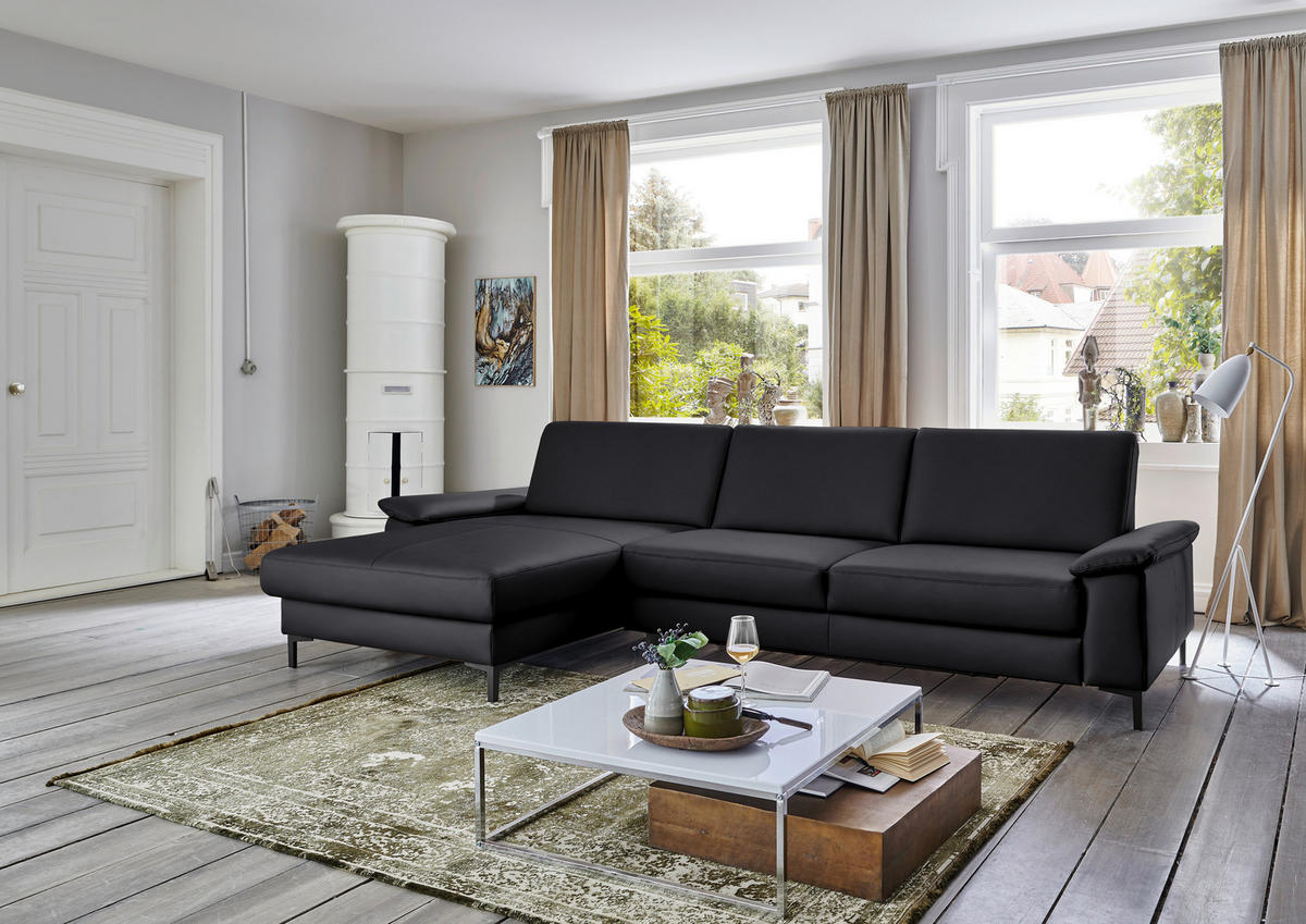 ECKSOFA in Echtleder Anthrazit  - Anthrazit/Schwarz, Design, Leder/Metall (176/334cm) - Dieter Knoll