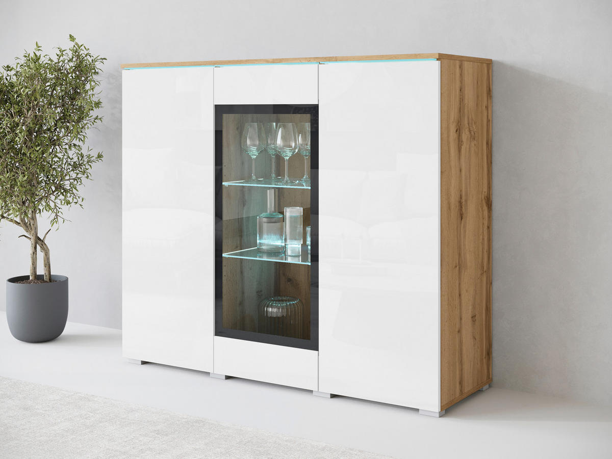 HIGHBOARD Vera, 120/103,3/39,5 cm,  - Weiß Hochglanz/Eiche Wotan, Trend, Glas/Holzwerkstoff (120/103,3/39,5cm) - P & B