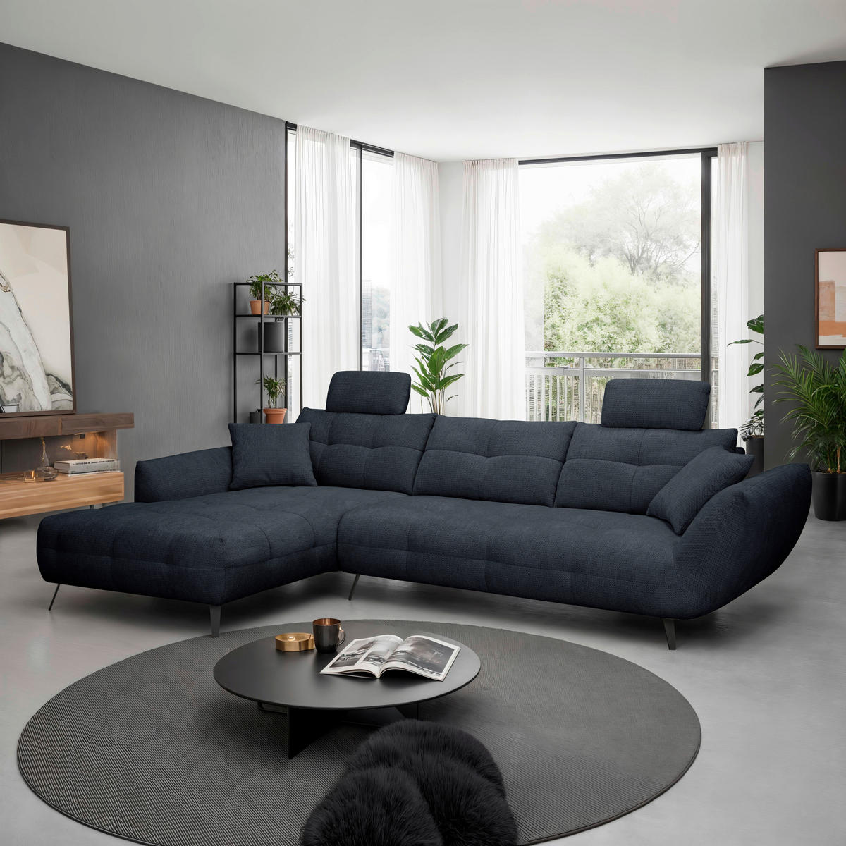 ECKSOFA Dunkelblau Chenille Armlehnenkissen, Rücken echt, Sitztiefenverstellung  - Schwarz/Dunkelblau, KONVENTIONELL, Textil/Metall (215/313cm) - Hom`in