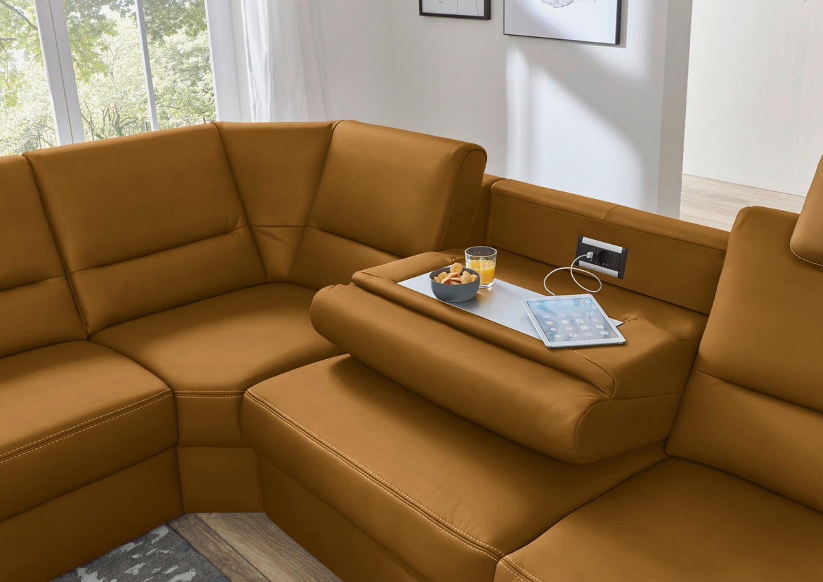 ECKSOFA in Echtleder Currygelb  249/288 cm  - Currygelb/Beige, Design, Leder/Metall (249/288cm) - Beldomo Premium
