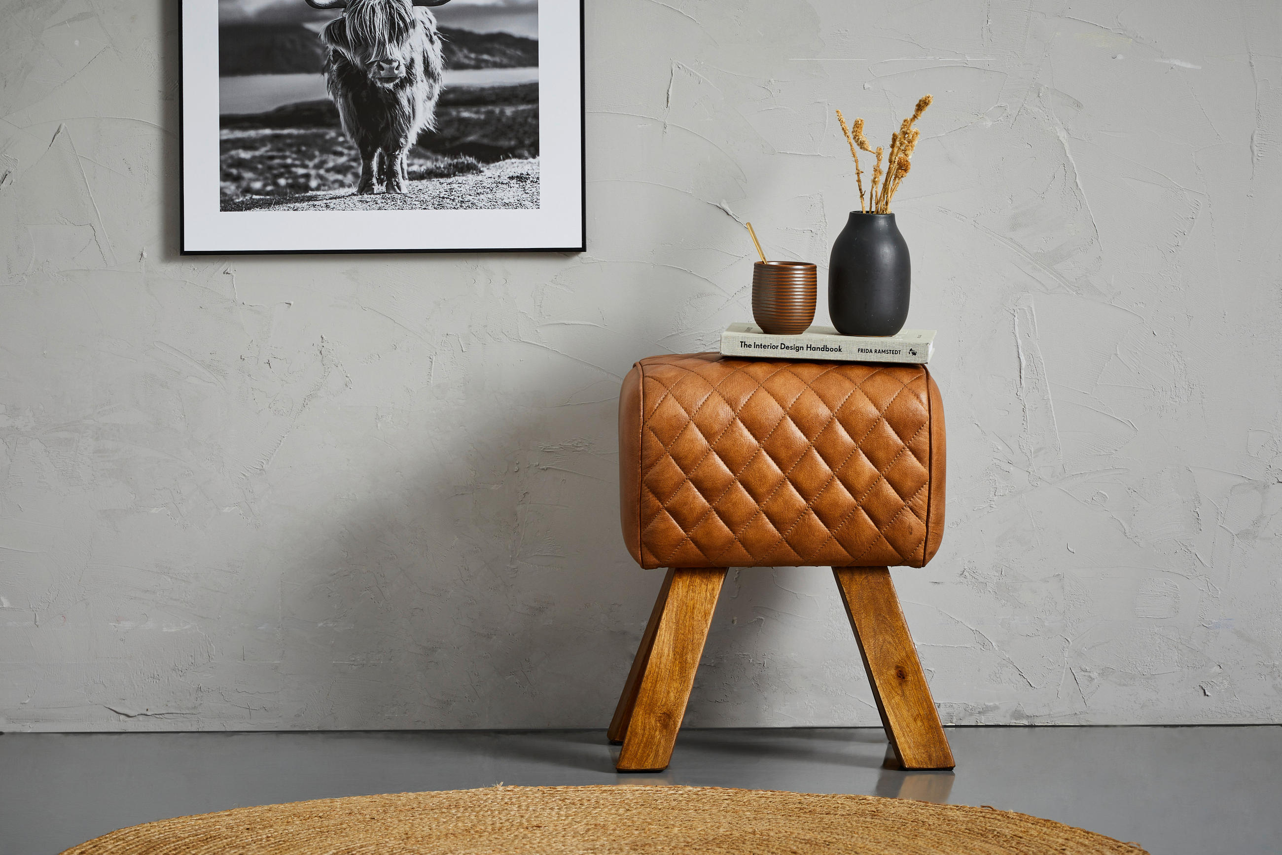 HOCKER Echtleder Mangoholz Braun  - Naturfarben/Braun, LIFESTYLE, Leder/Holz (42/45/35cm) - Livetastic