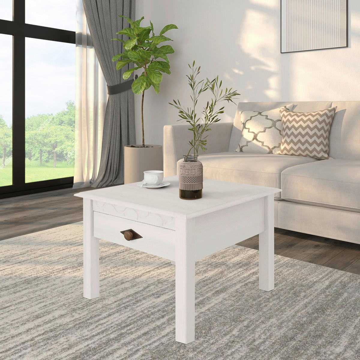 COUCHTISCH LYON Kiefer 60/60/42 cm quadratisch Weiß  - Messingfarben/Weiß, Design, Holz/Metall (60/60/42cm) - Livetastic