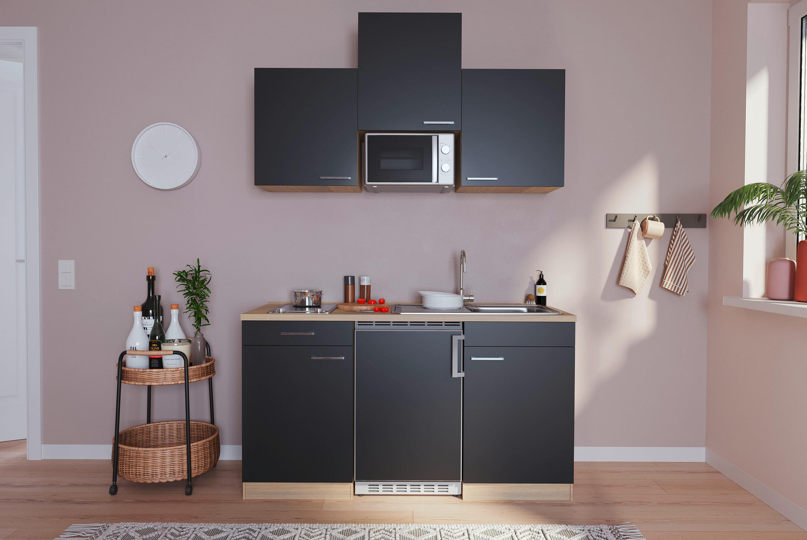 MINIKÜCHE 150 cm   in Schwarz, Eichefarben  - Eichefarben/Schwarz, Basics, Holzwerkstoff (150cm) - Respekta