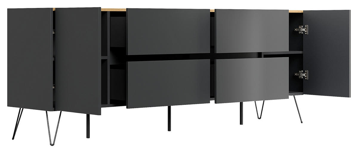 SIDEBOARD Posseik Industrial  in 199/75,8/42 cm  - Eichefarben/Graphitfarben, Design, Holzwerkstoff/Metall (199/75,8/42cm) - P & B