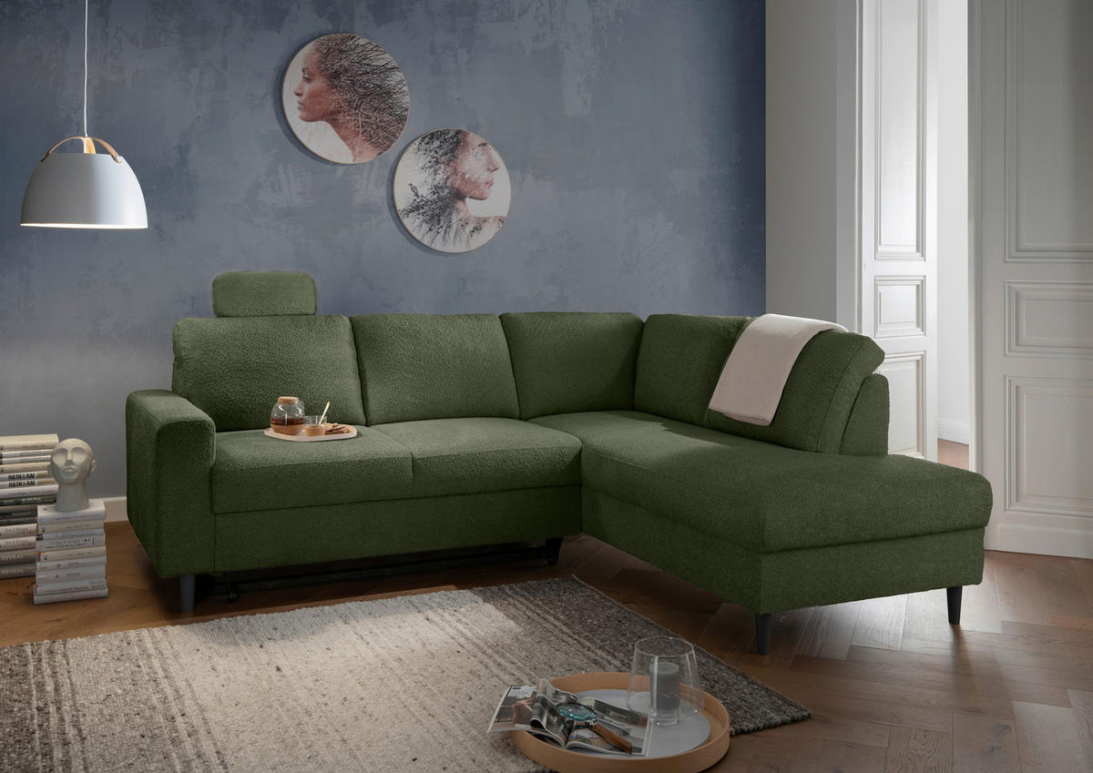 ECKSCHLAFSOFA in Dunkelgrün Textil   - Dunkelgrün/Schwarz, Modern, Holz/Textil (242/200cm) - Livetastic