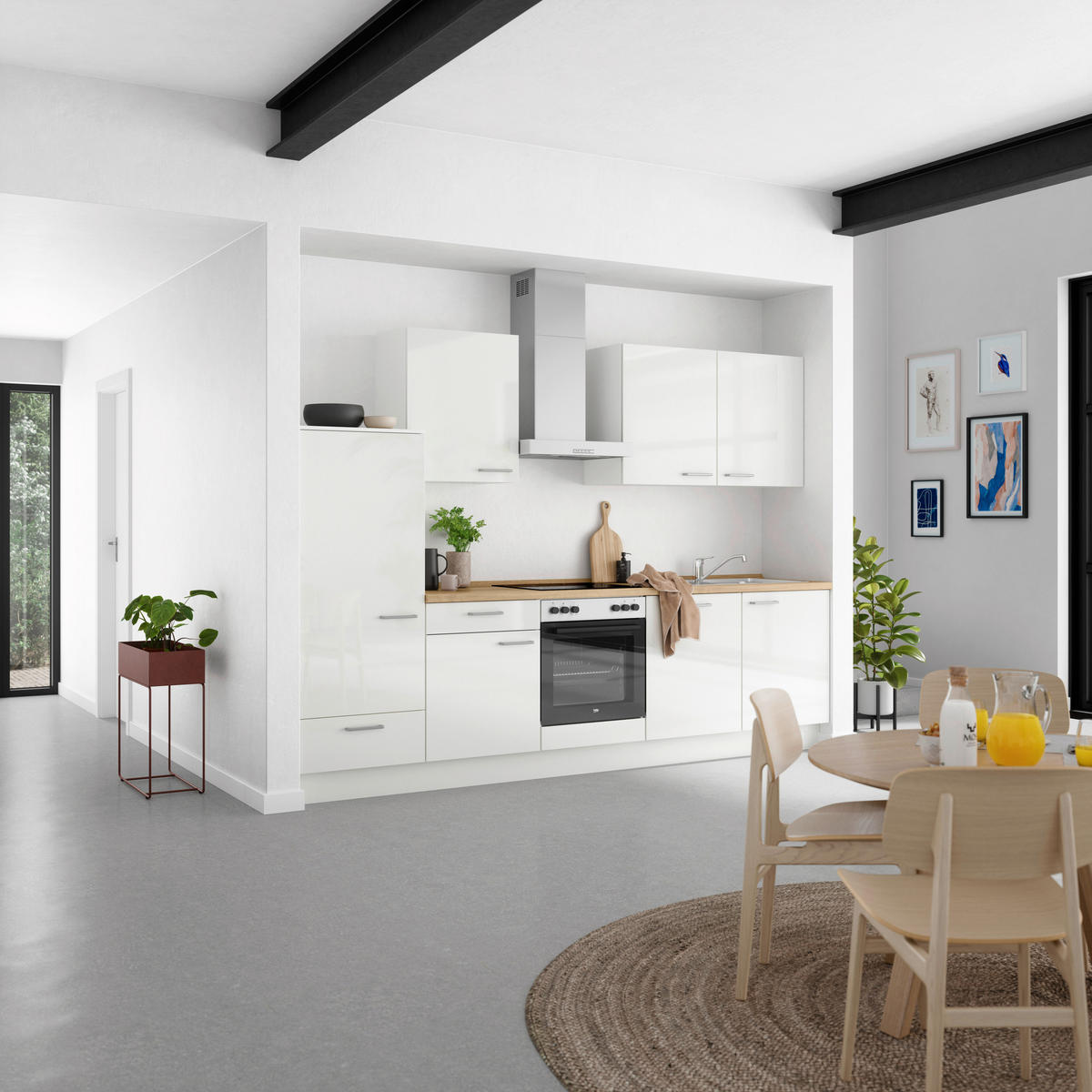 KÜCHENLEERBLOCK 300 cm   in Eichefarben, Weiß Hochglanz  - Edelstahlfarben/Eichefarben, MODERN, Holzwerkstoff/Metall (300cm) - Nobilia