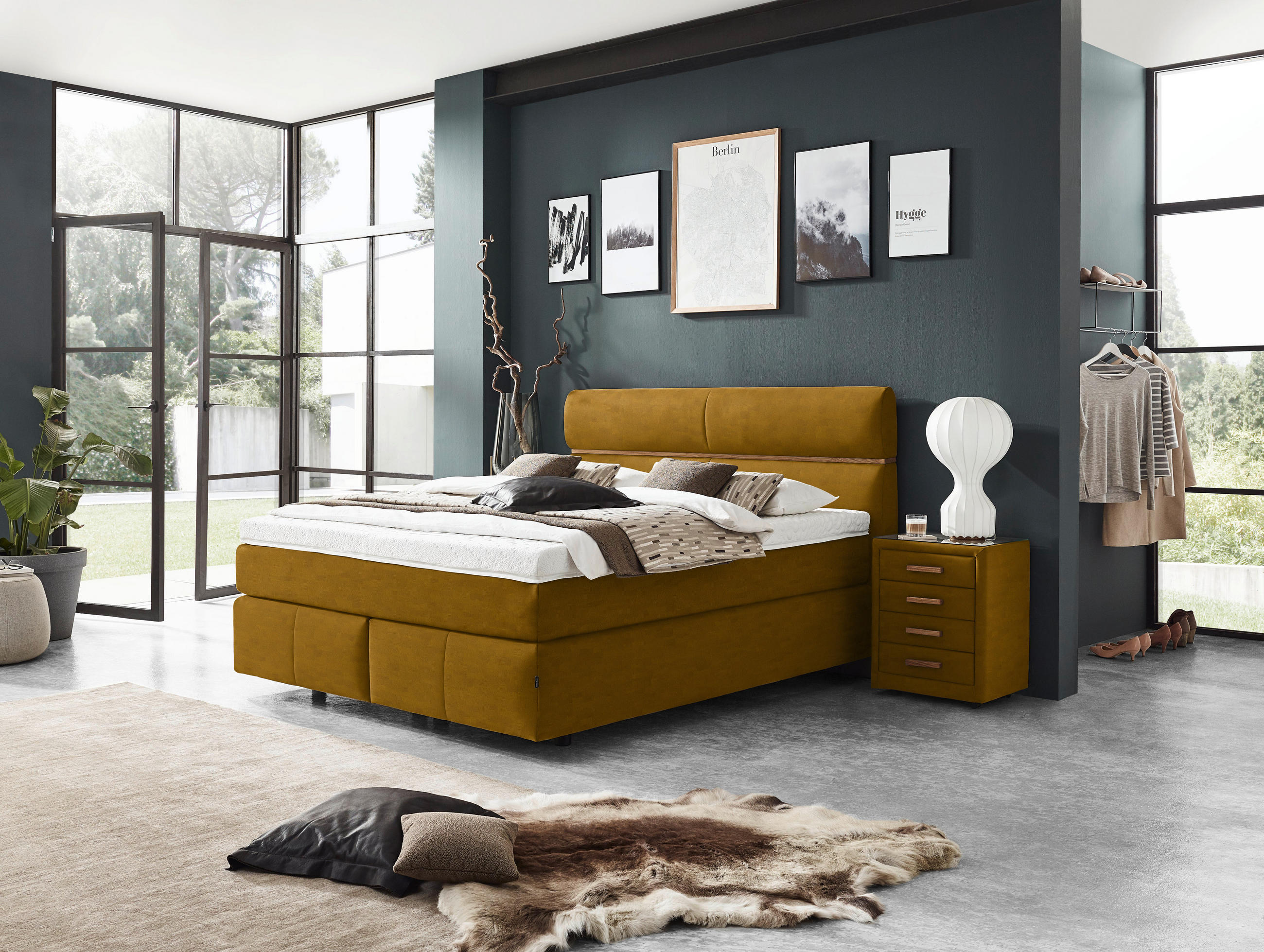 BOXSPRINGBETT 180/200 cm  in Currygelb, Eichefarben  - Currygelb/Eichefarben, Konventionell, Holz/Kunststoff (180/200cm) - Dieter Knoll