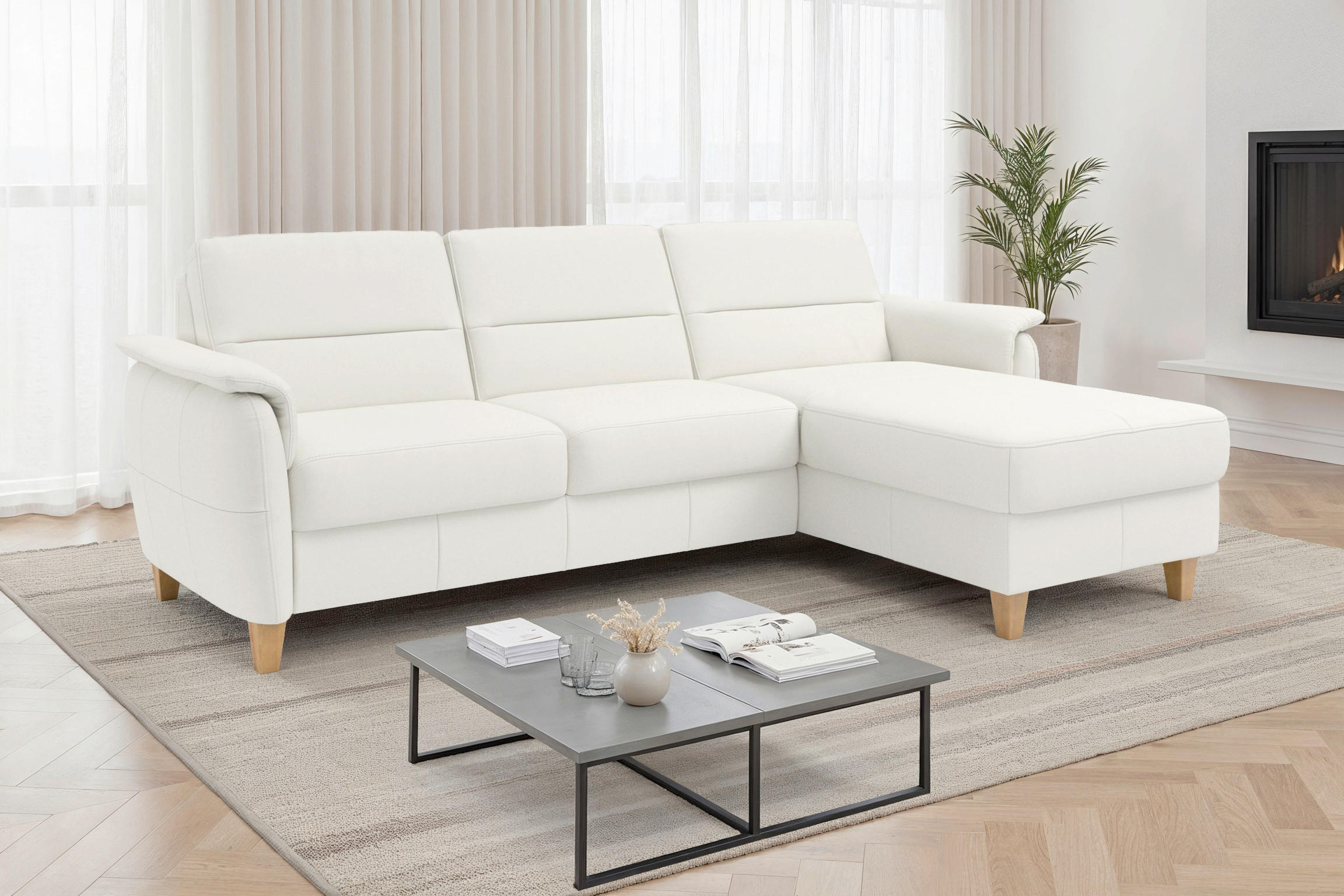 ECKSOFA Echtleder Weiss  - Weiss/Eichefarben, Basics, Leder/Holz (244/163cm) - Sit & More