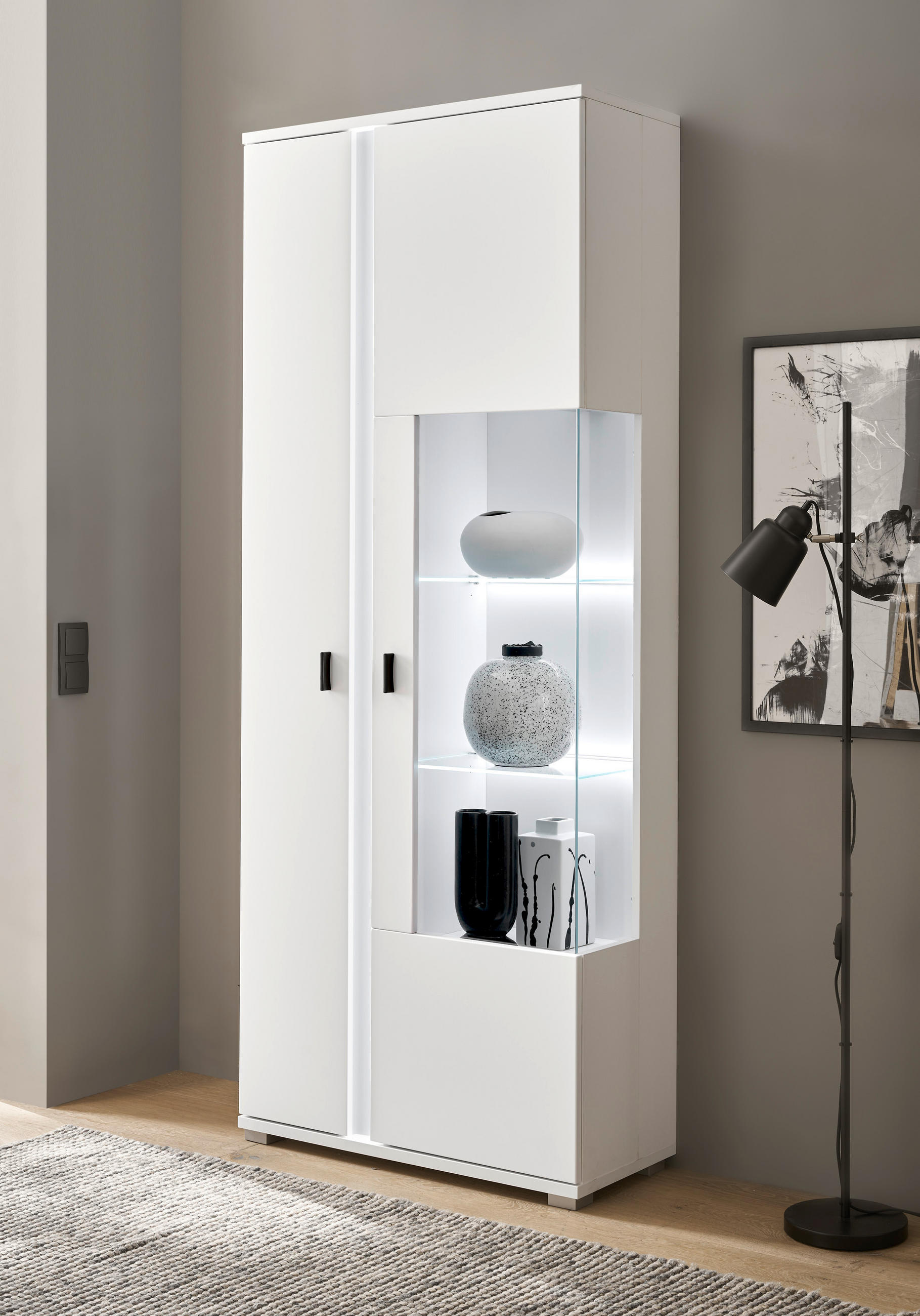 VITRINE in Weiß  - Silberfarben/Schwarz, Design, Glas/Holzwerkstoff (80/200/35cm) - MID.YOU