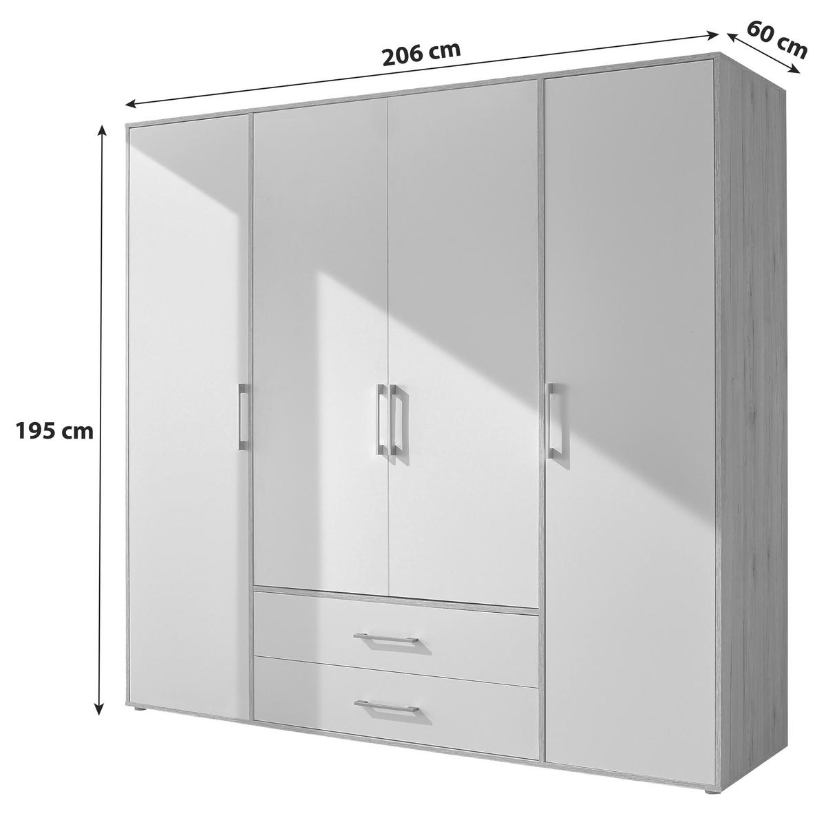 KLEIDERSCHRANK 206/195/60 cm,  in Weiß, Eiche San Remo, 4 Tür(en)  - Alufarben/Weiß, KONVENTIONELL, Holzwerkstoff/Kunststoff (206/195/60cm) - Boxxx