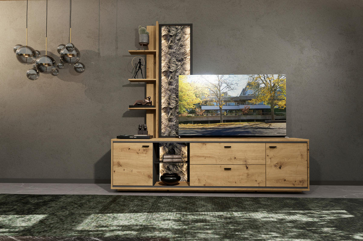 WOHNWAND  in Graphitfarben, Eiche Artisan  220/205/49 cm  - Schwarz/Graphitfarben, Design, Glas/Holzwerkstoff (220/205/49cm) - Cantus