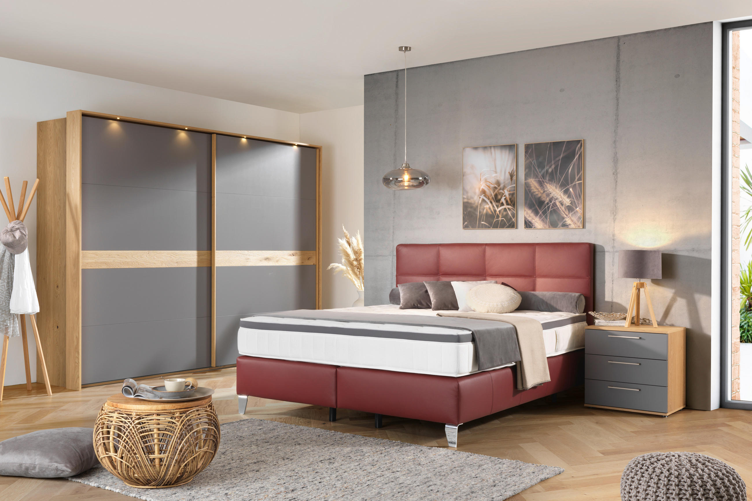 BOXSPRINGBETT - Chromfarben/Bordeaux, KONVENTIONELL, Leder/Textil (180/200cm) - Novel