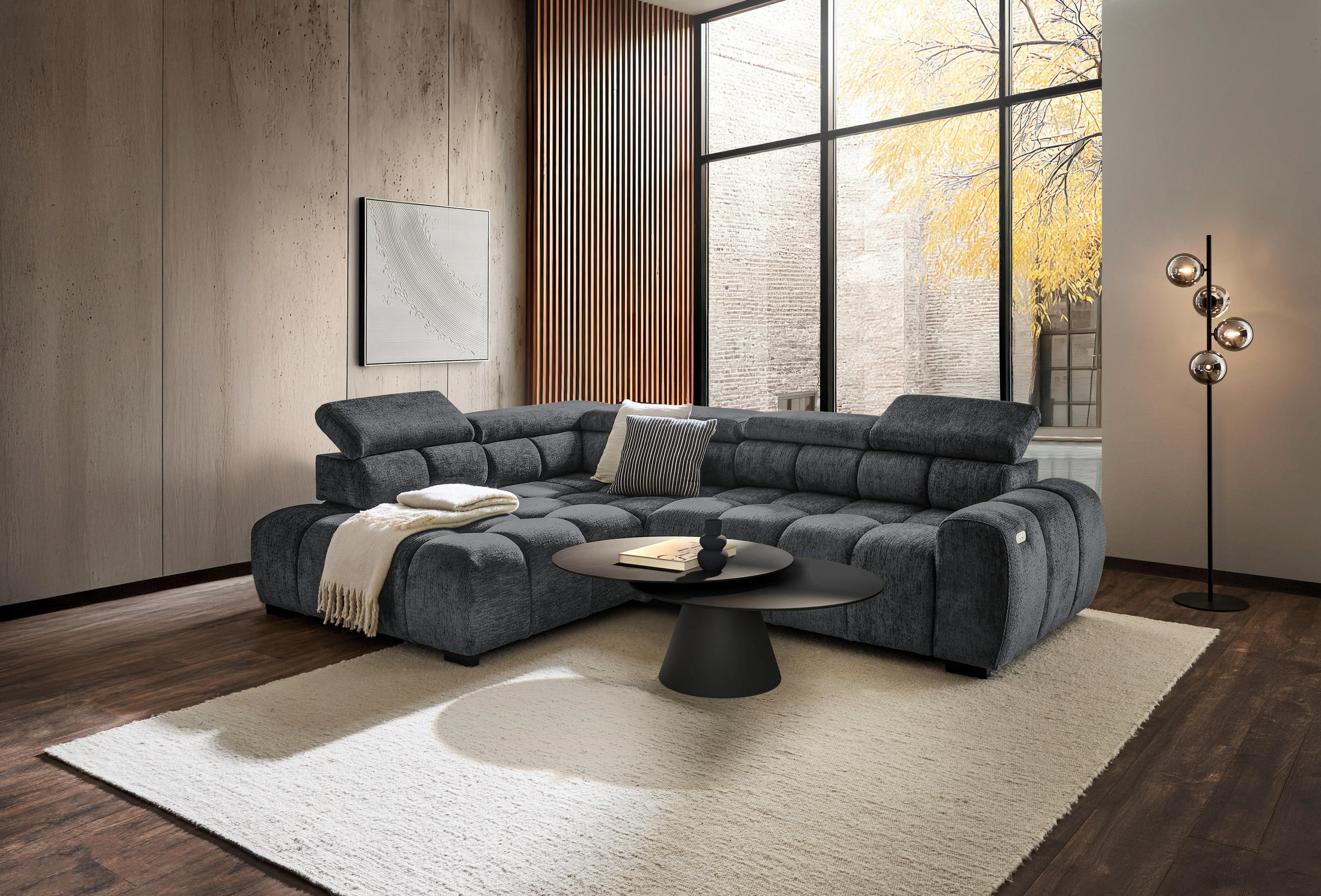 ECKSOFA inkl. Funktionen Blaugrau Webstoff  - Blaugrau/Schwarz, MODERN, Kunststoff/Textil (205/297cm) - Welnova