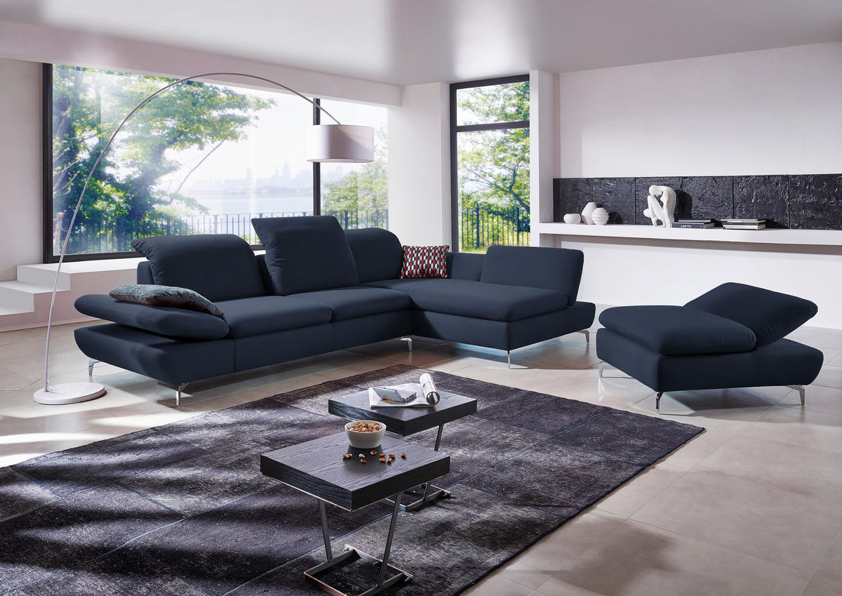 ECKSOFA in Echtleder Blau  - Blau/Silberfarben, Design, Leder/Metall (315/200cm) - Chilliano