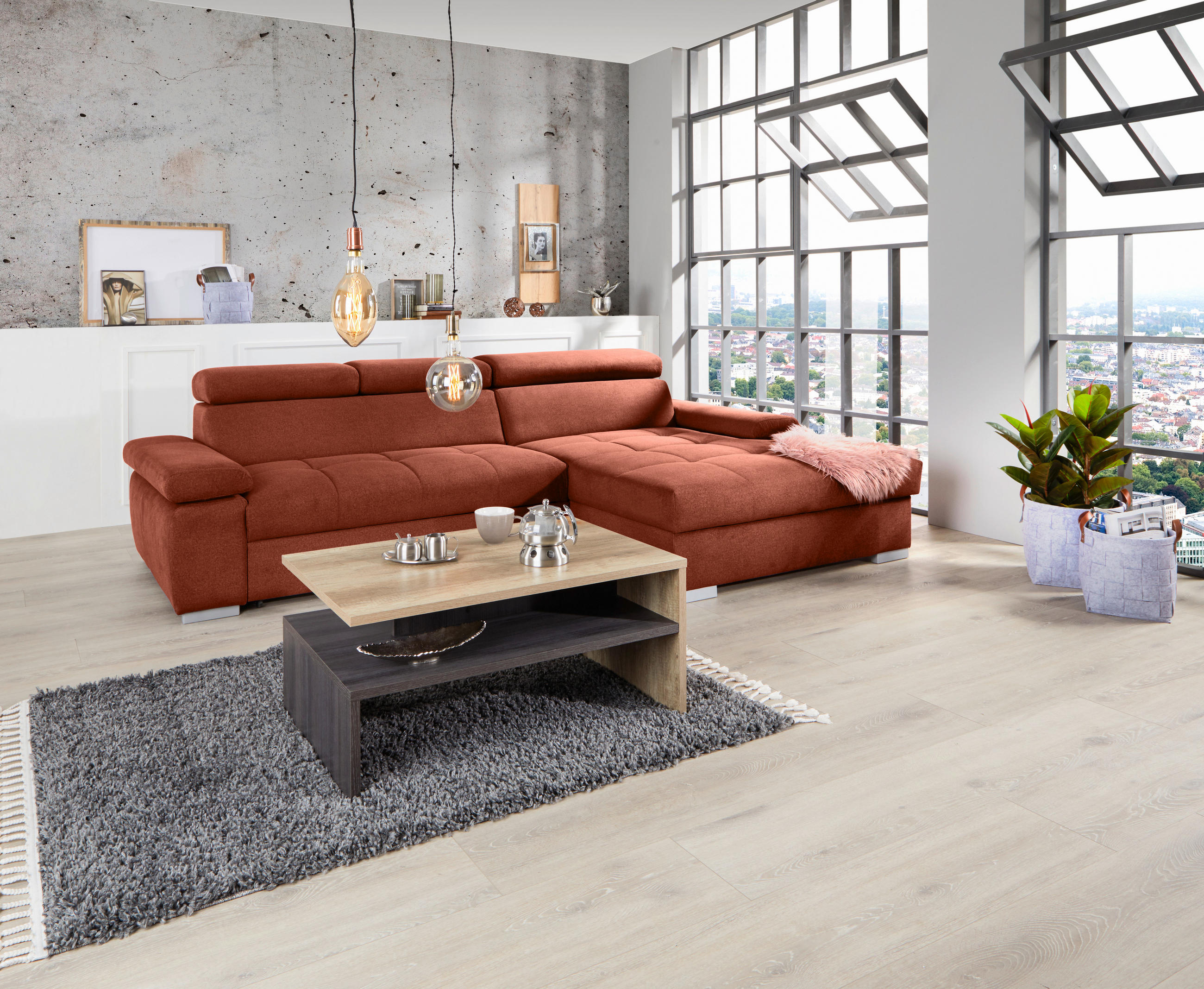 ECKSOFA in Velours Rostfarben  - Rostfarben/Silberfarben, Design, Holz/Textil (292/183cm) - Livetastic
