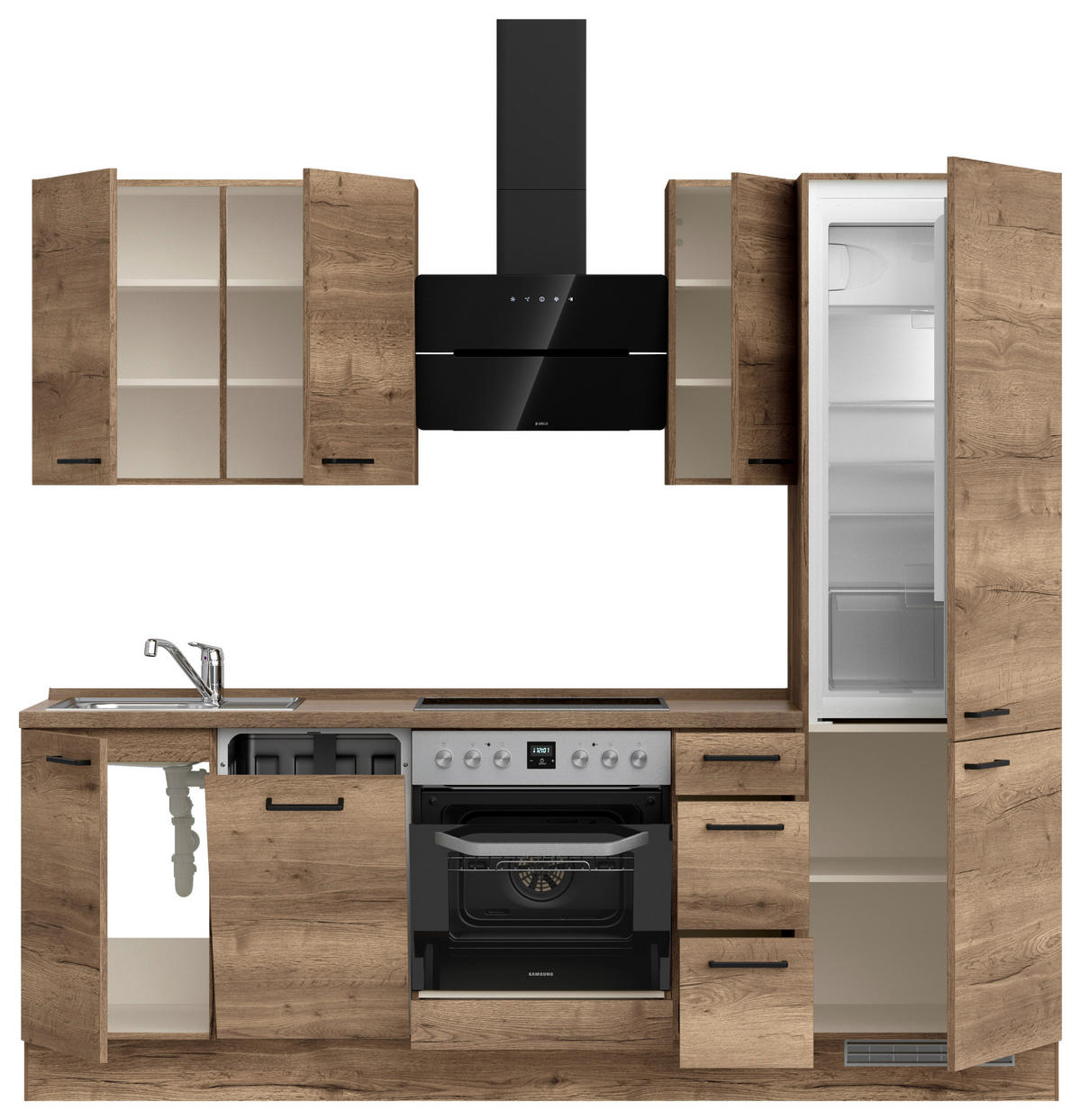 KÜCHENBLOCK 240 cm   in Eiche dunkel  - Eiche dunkel/Schwarz, MODERN, Holzwerkstoff/Metall (240cm) - Nobilia